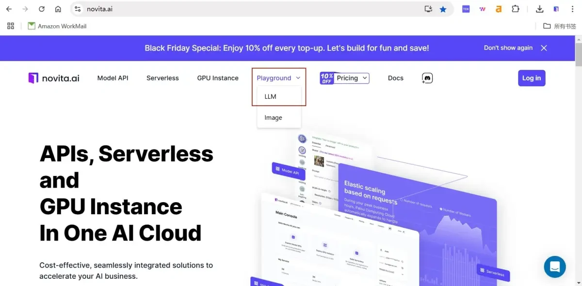 NovitaAI homepage showcasing APIs, serverless solutions, and GPU instances.