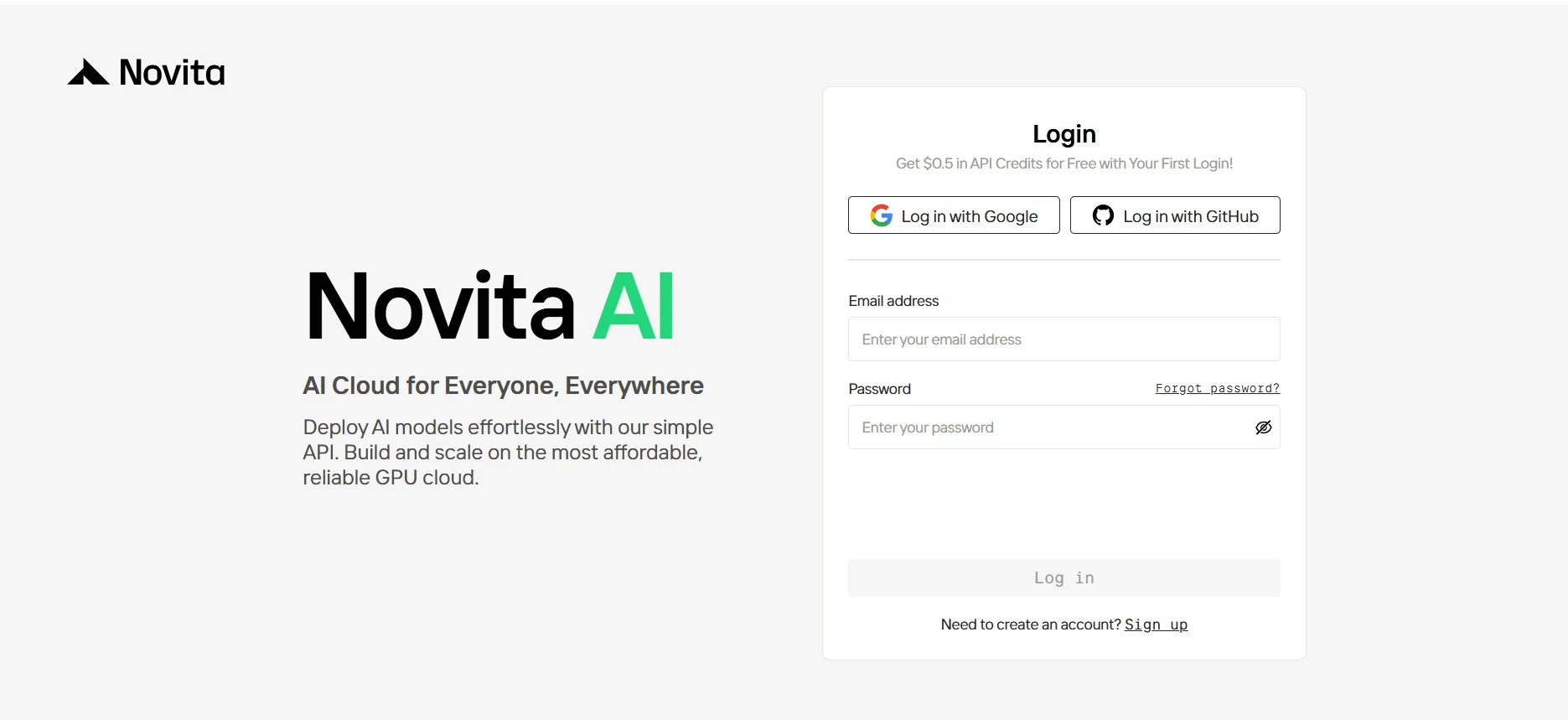 Sign in page on Novita AI