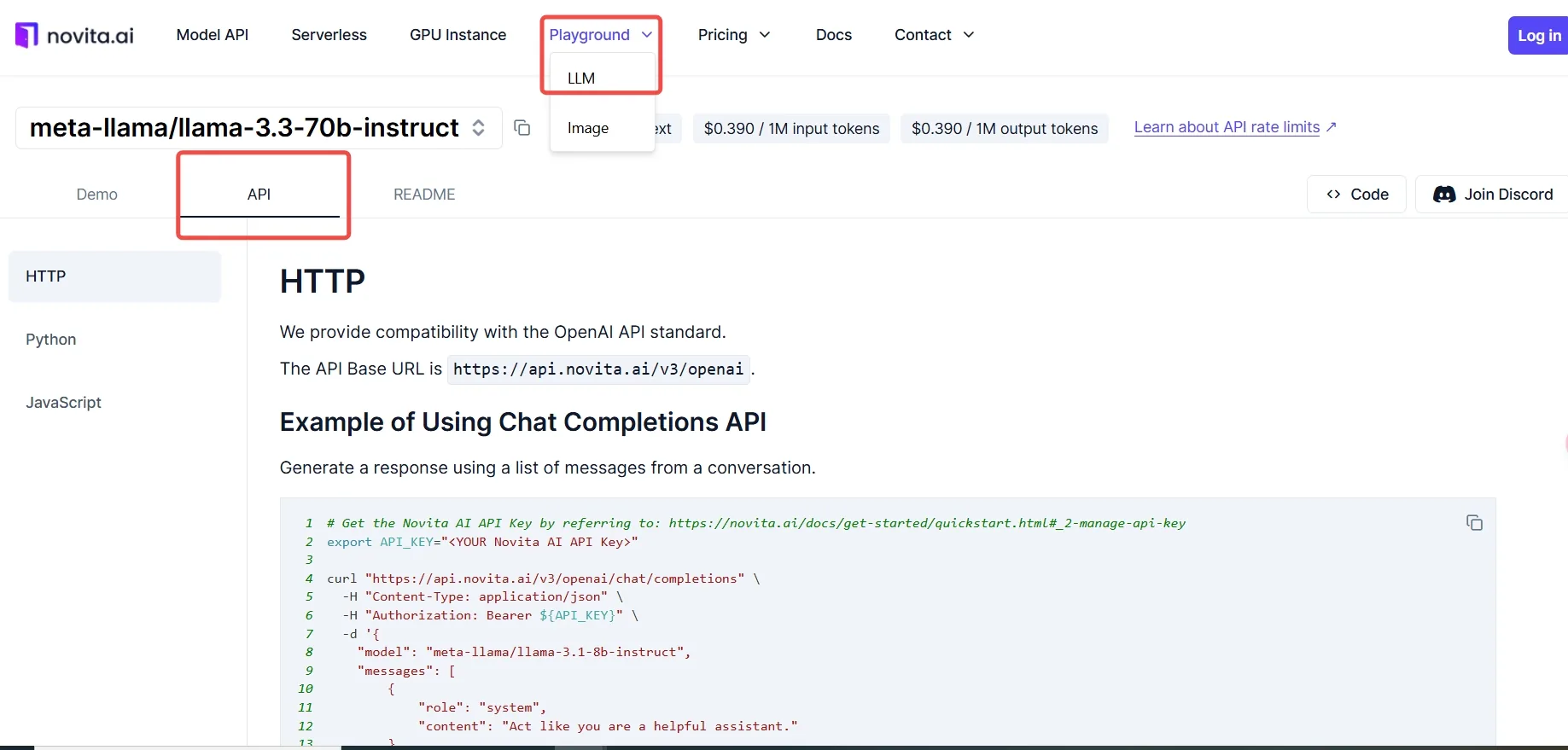 Novita AI API page showing Playground dropdown.