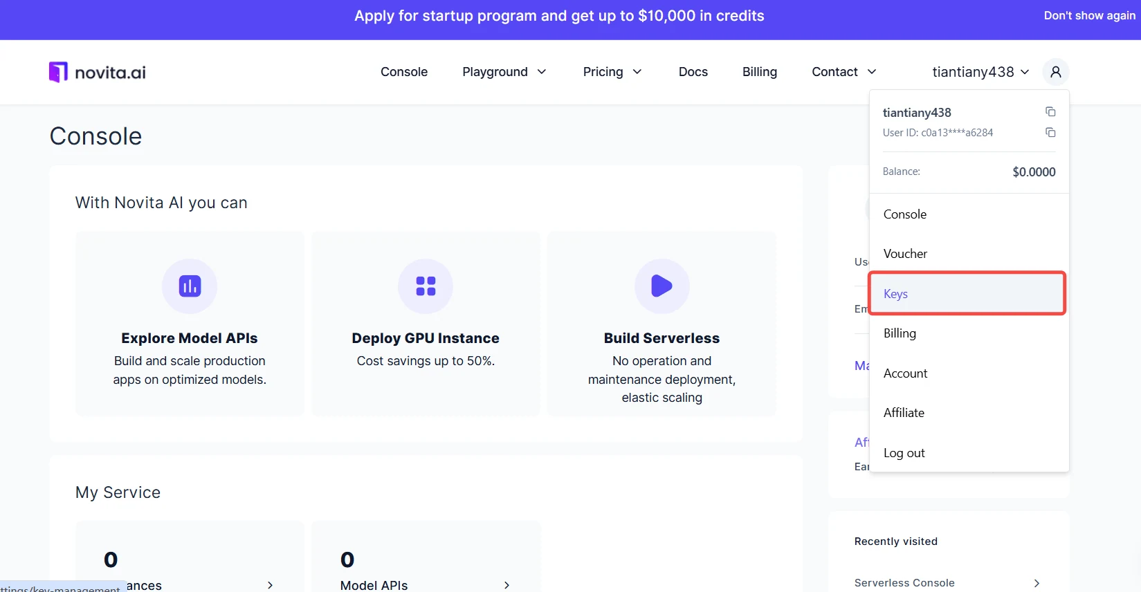 Console page on Novita AI