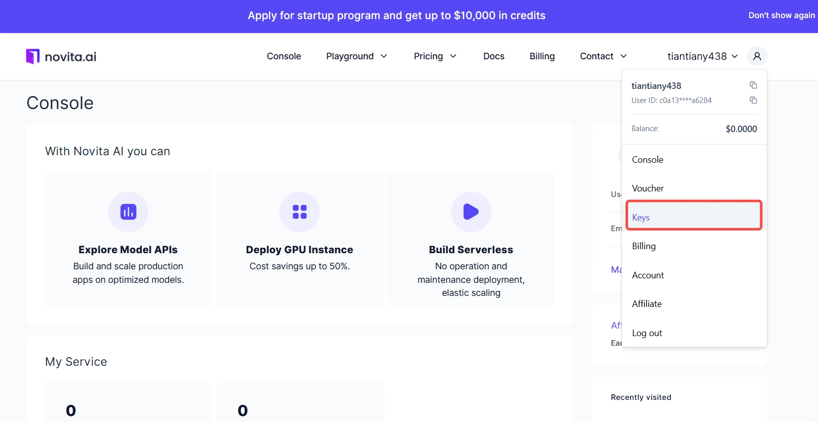 Console page on Novita AI