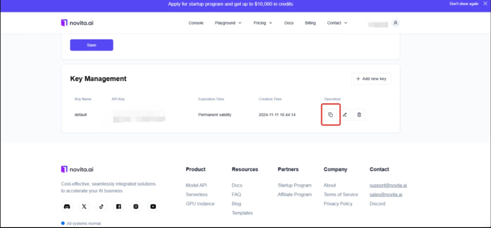 Key Management page on Novita AI