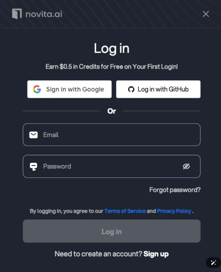 Log-in Page in Novita AI