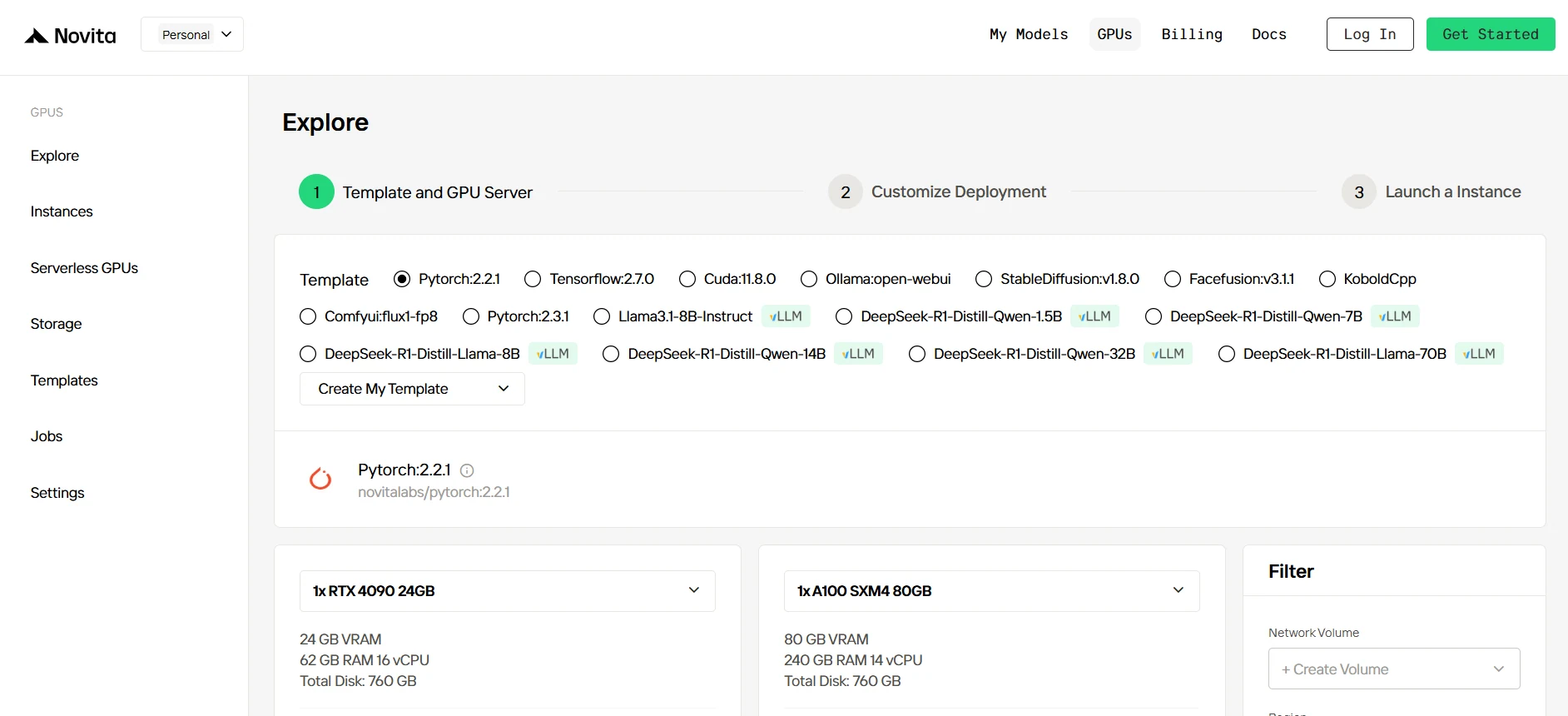 novita ai website screenshot using cloud gpu