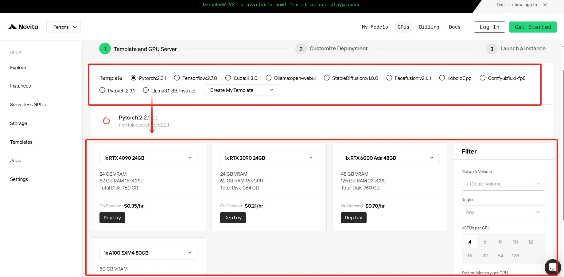 novita ai website screenshot using cloud gpu