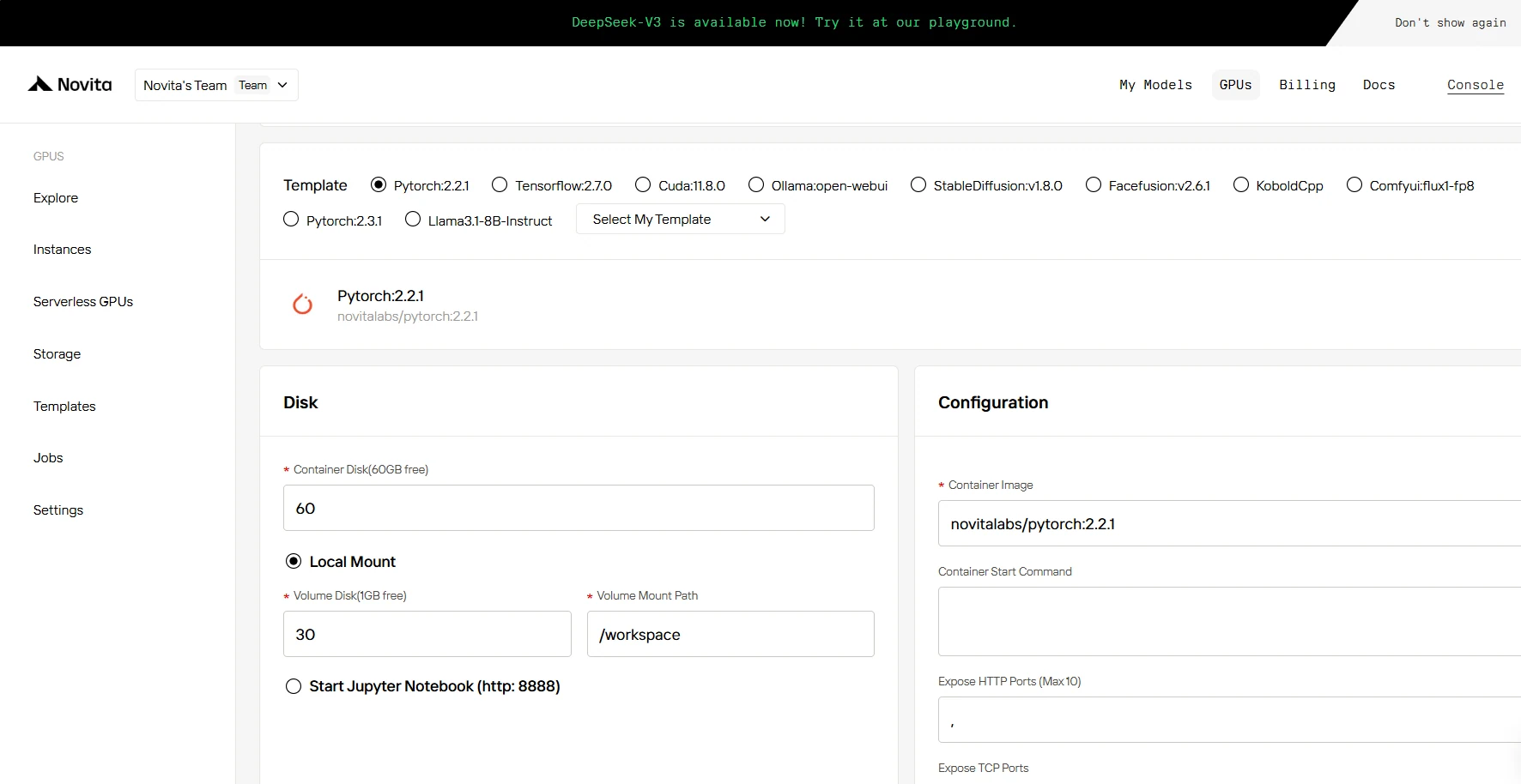 novita ai website screenshot using cloud gpu