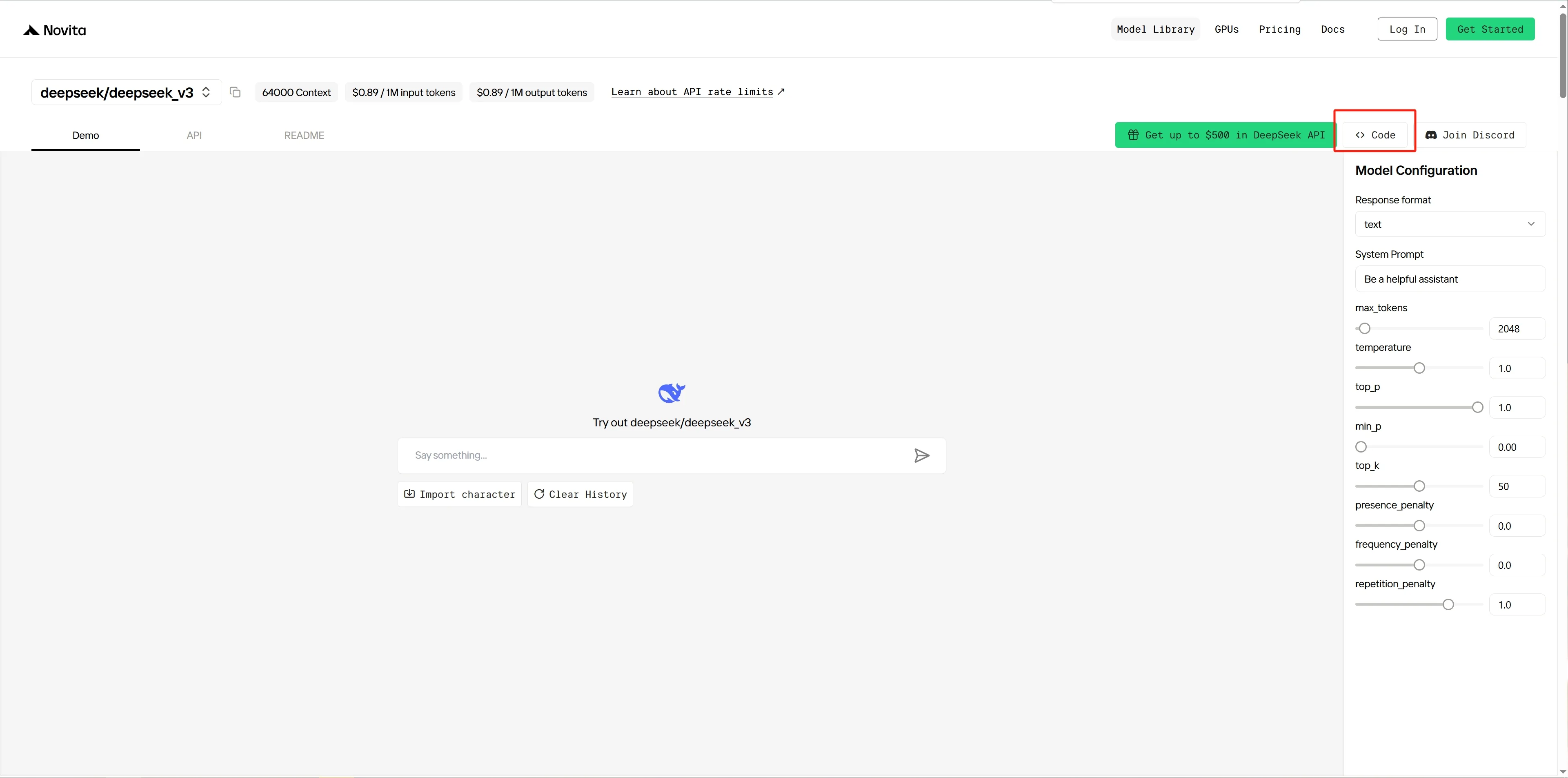 الخطوة 2: الانتقال إلى صفحة العرض التوضيحي للنموذج المختار والنقر على زر Code على اليمين