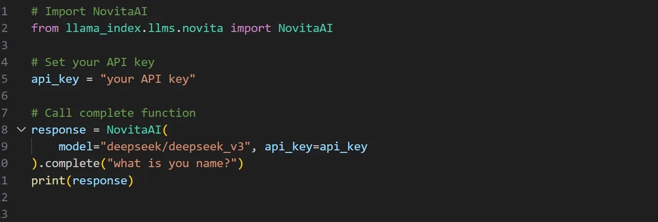 الخطوة 8: كتابة كود بايثون وضبط اسم النموذج ومفتاح API كمعاملات في فئة NovitaAI