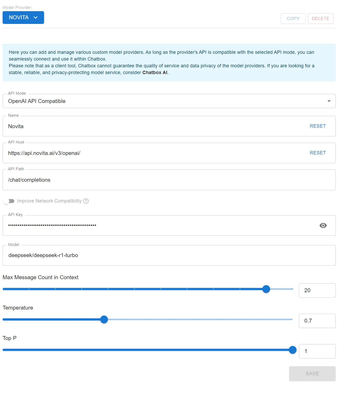 Using Deepseek R1 Turbo via Chatbox