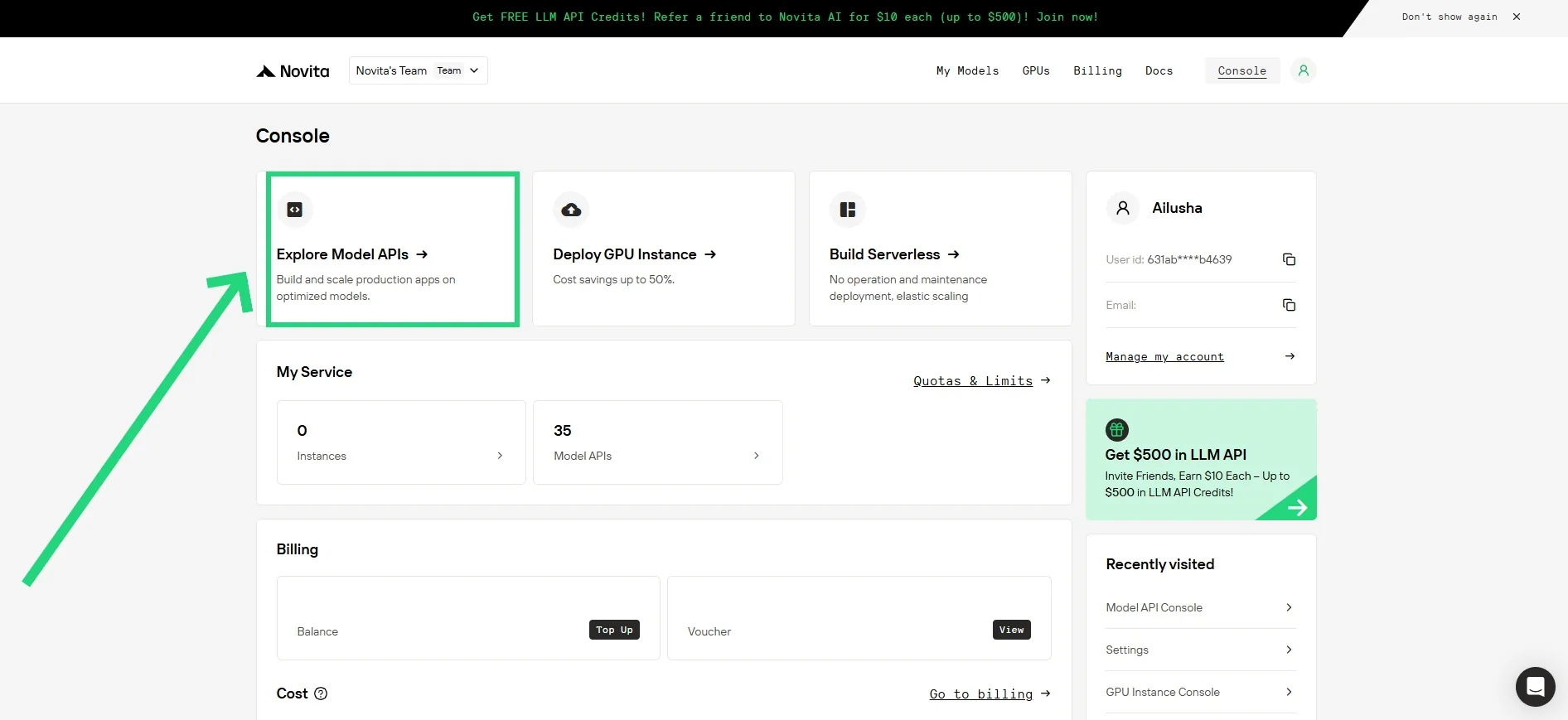 Step2: Click "Model API" in Console