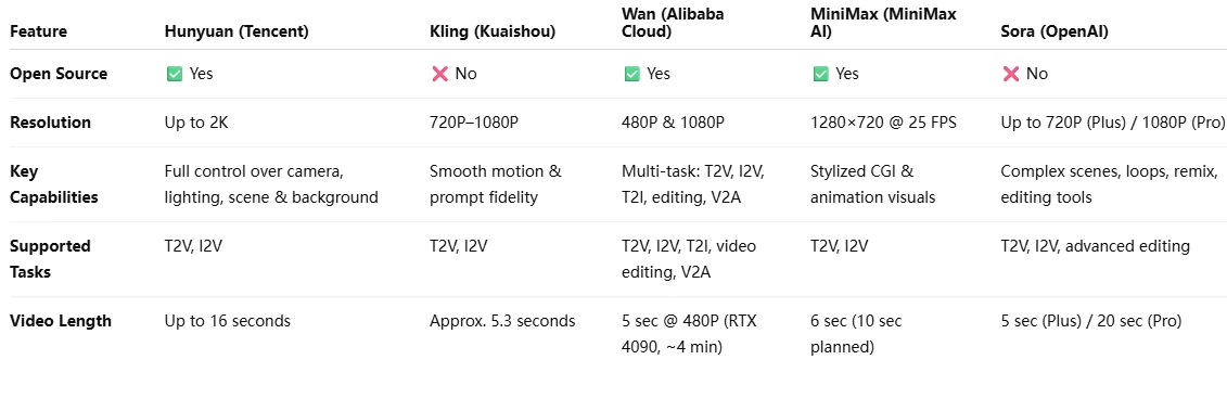 wan, kling, minimax, hunyuan, sora 的比較