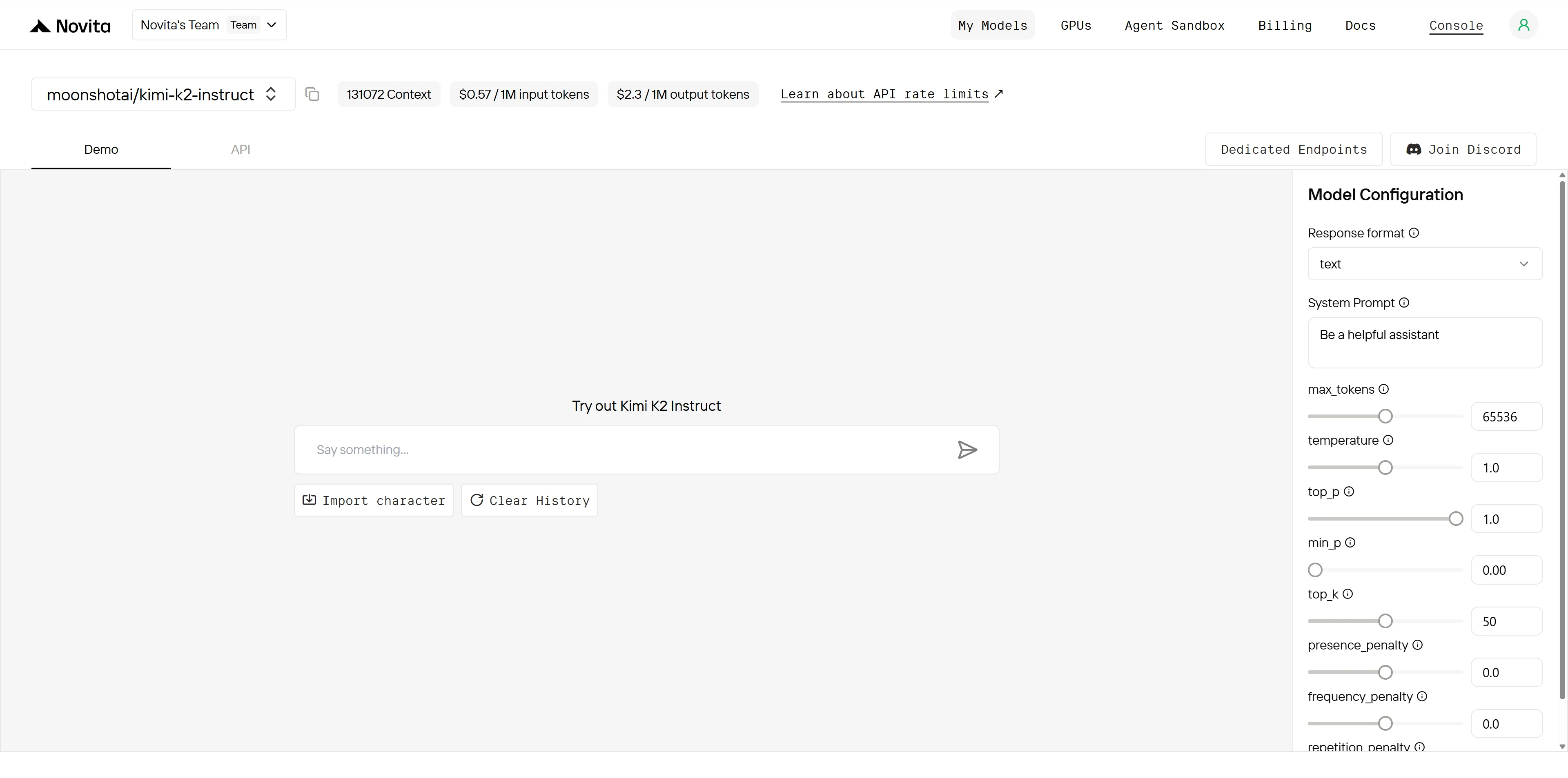 Kimi K2 Playground Page