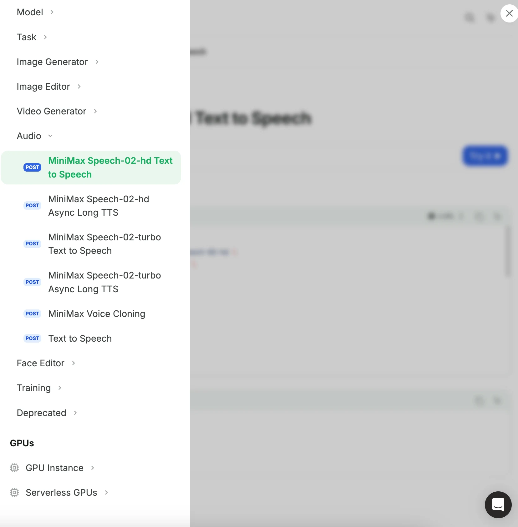 You can click the sidebar in the upper left corner to select different audio models. Novita AI also offers voice cloning capabilities.