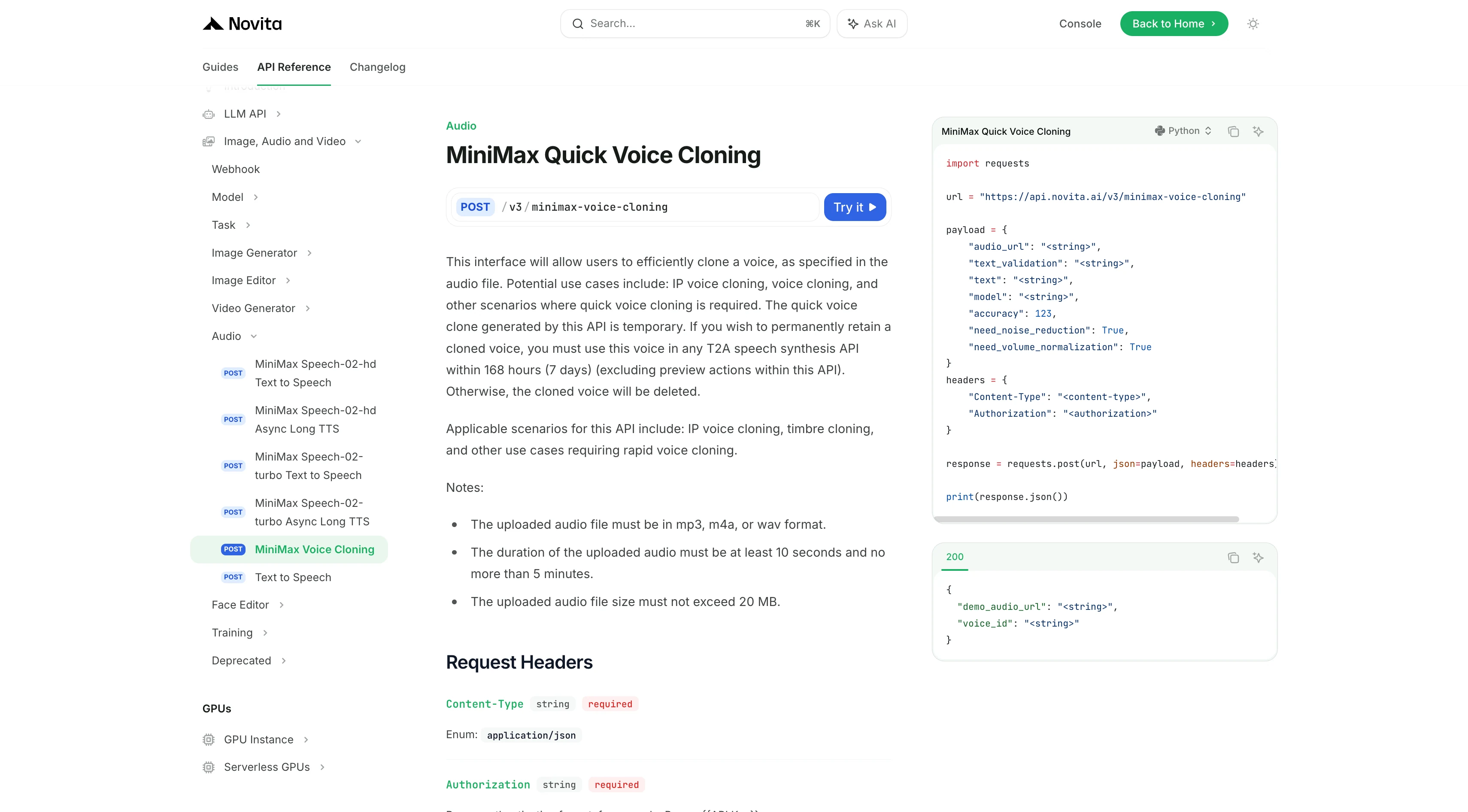minimax voice cloning on novita ao