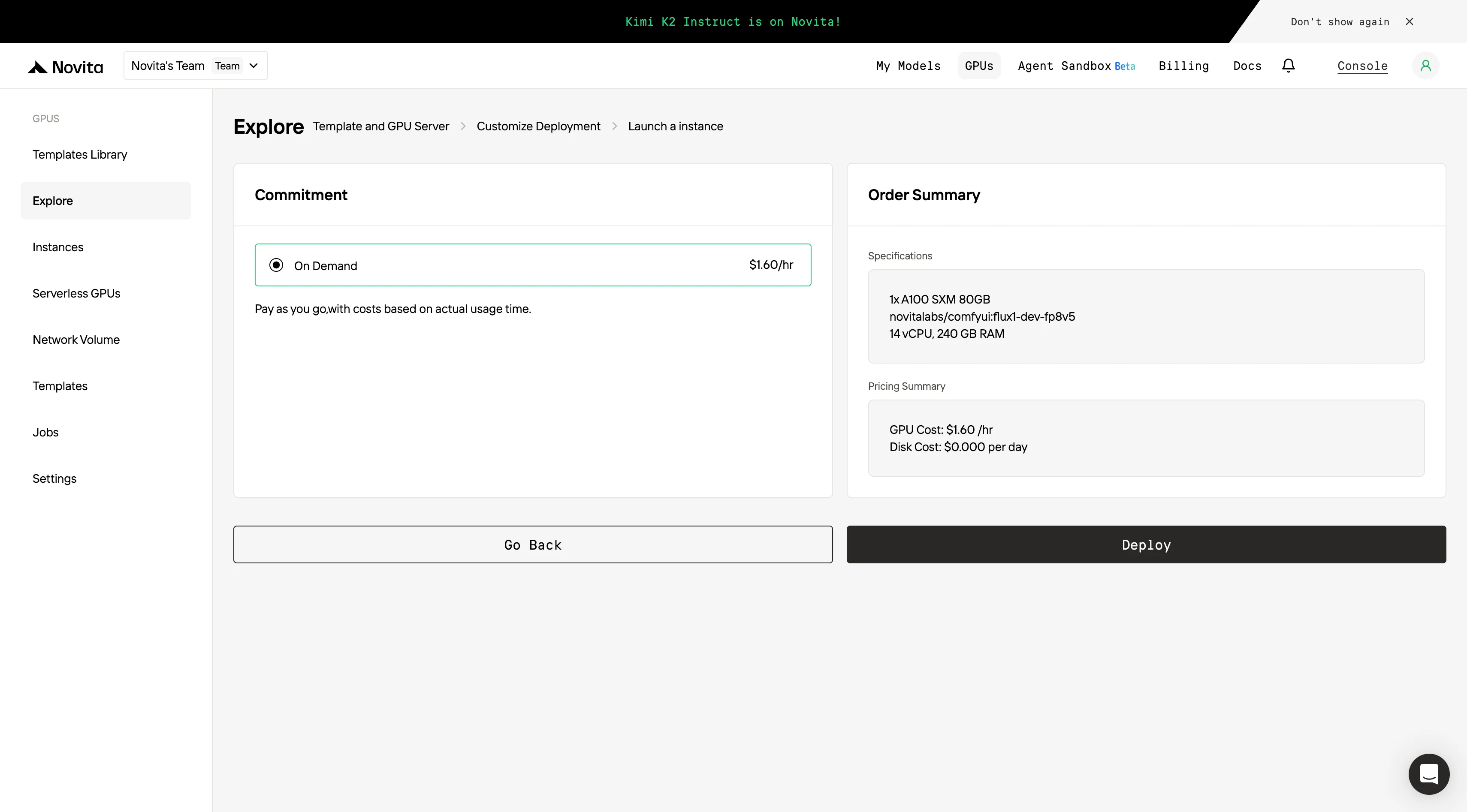 Launch an instance on novita ai