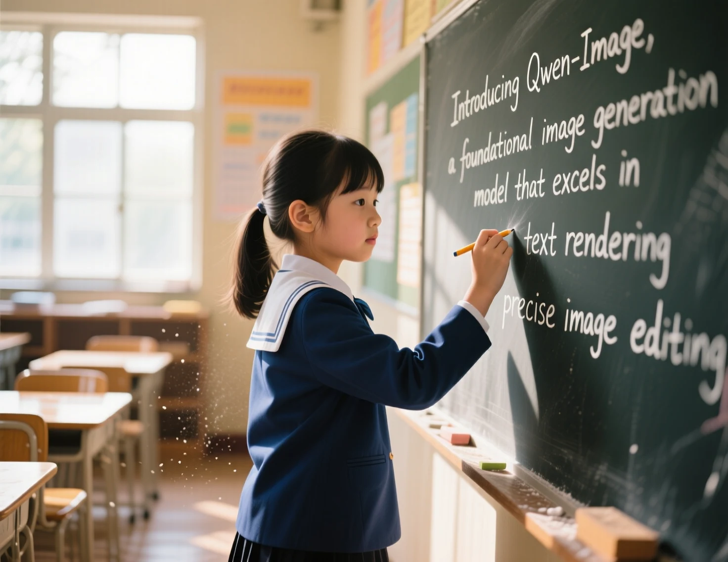 A young girl wearing school uniform stands in a classroom