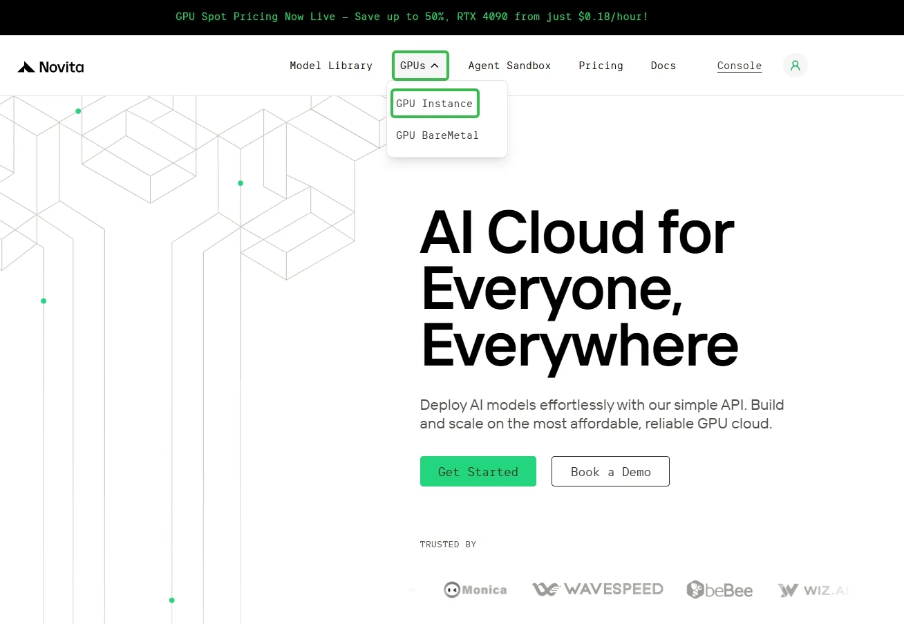 показать, как получить доступ к странице сервиса GPU Instance на Novita AI