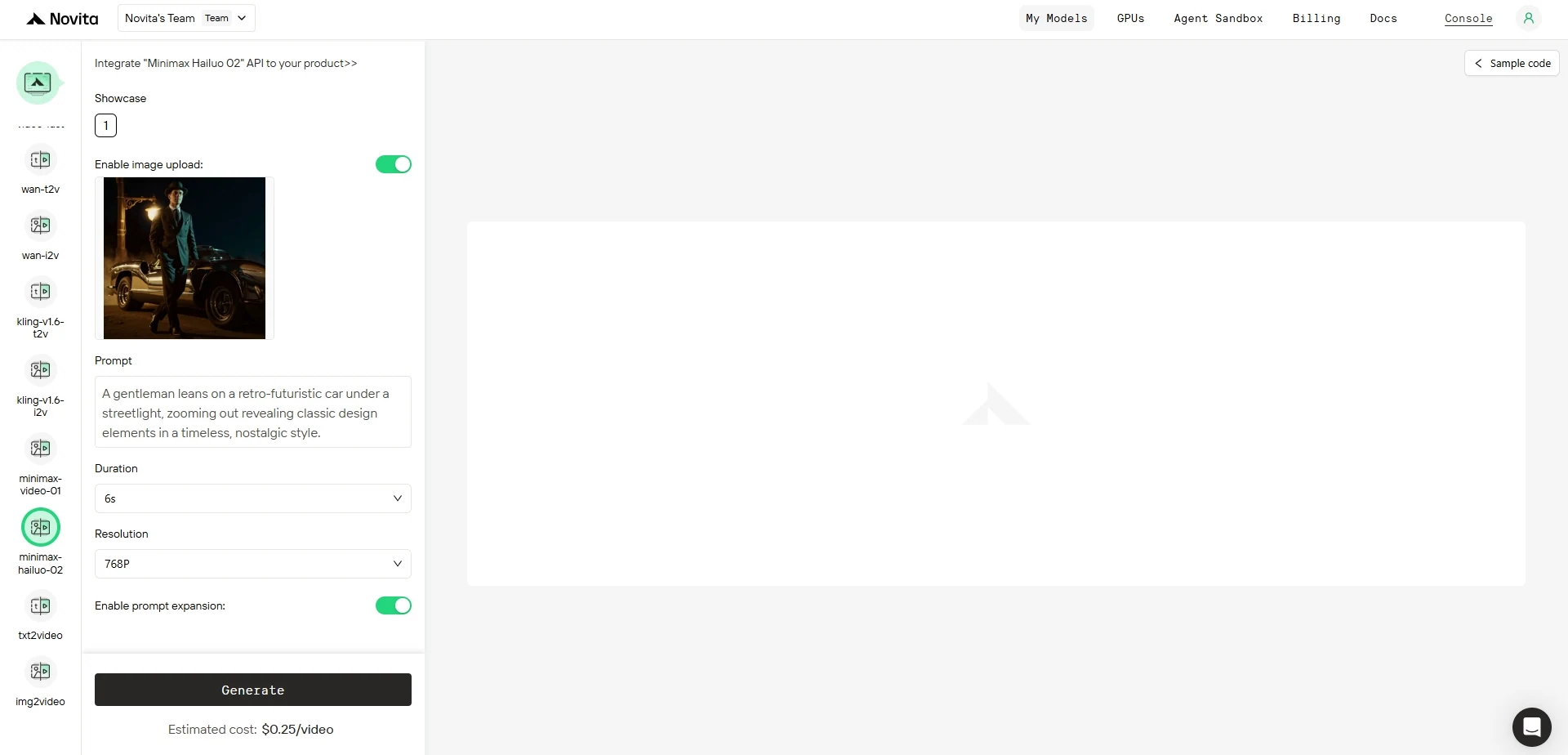 Interface du playground Hailuo 02