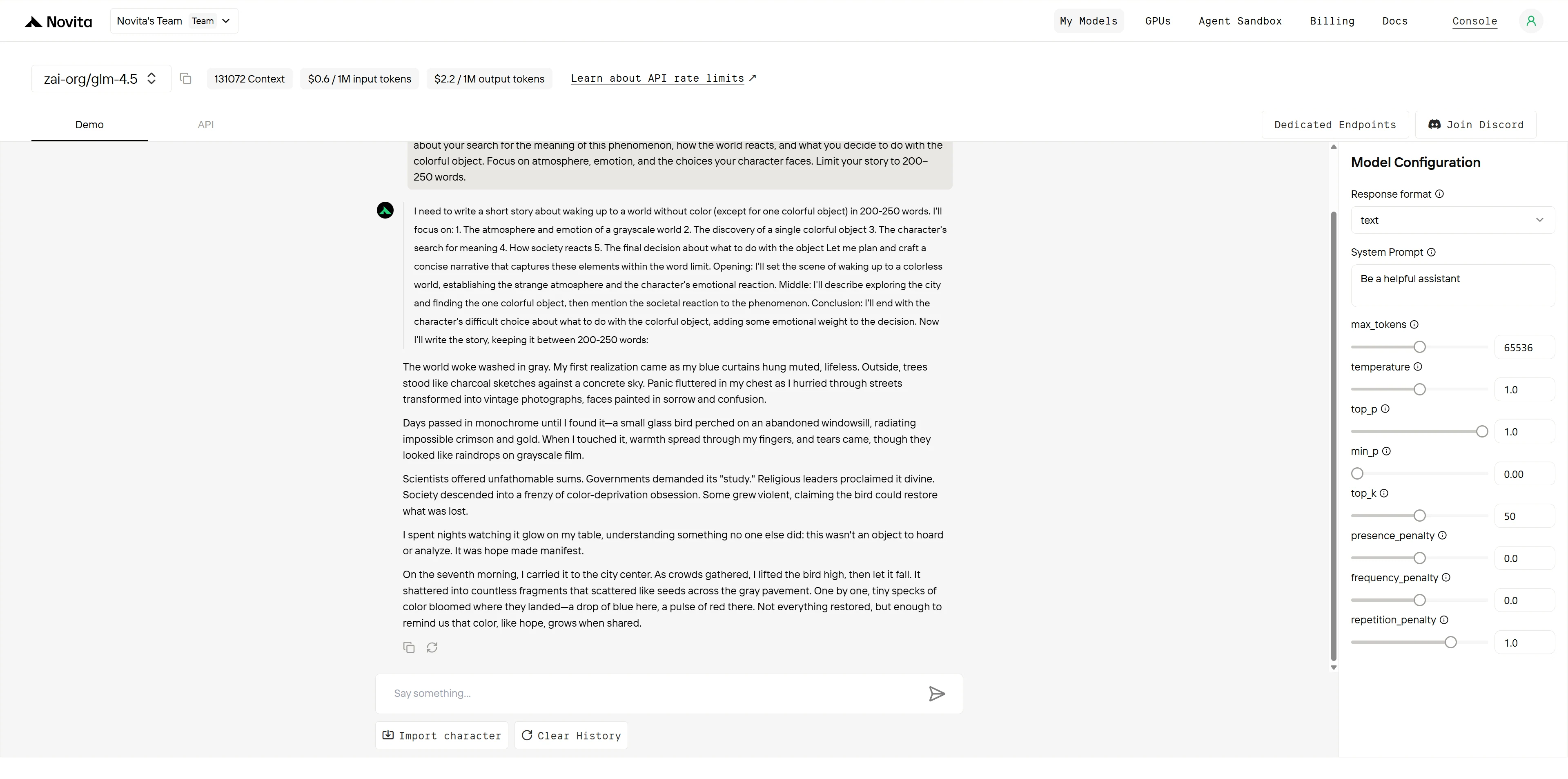 glm  4.5 creative writing
