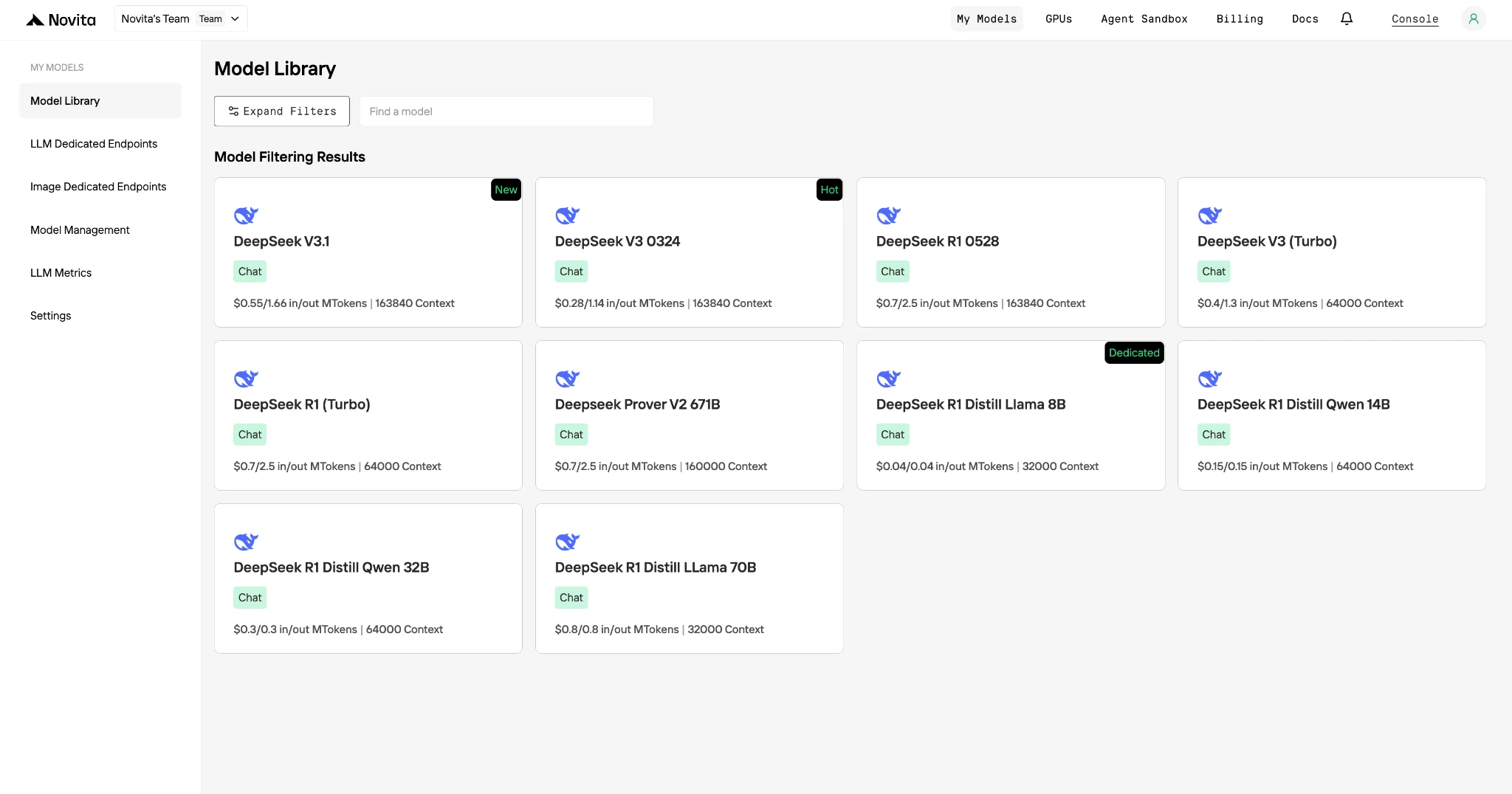 Novita AI integrates a wide range of DeepSeek models,