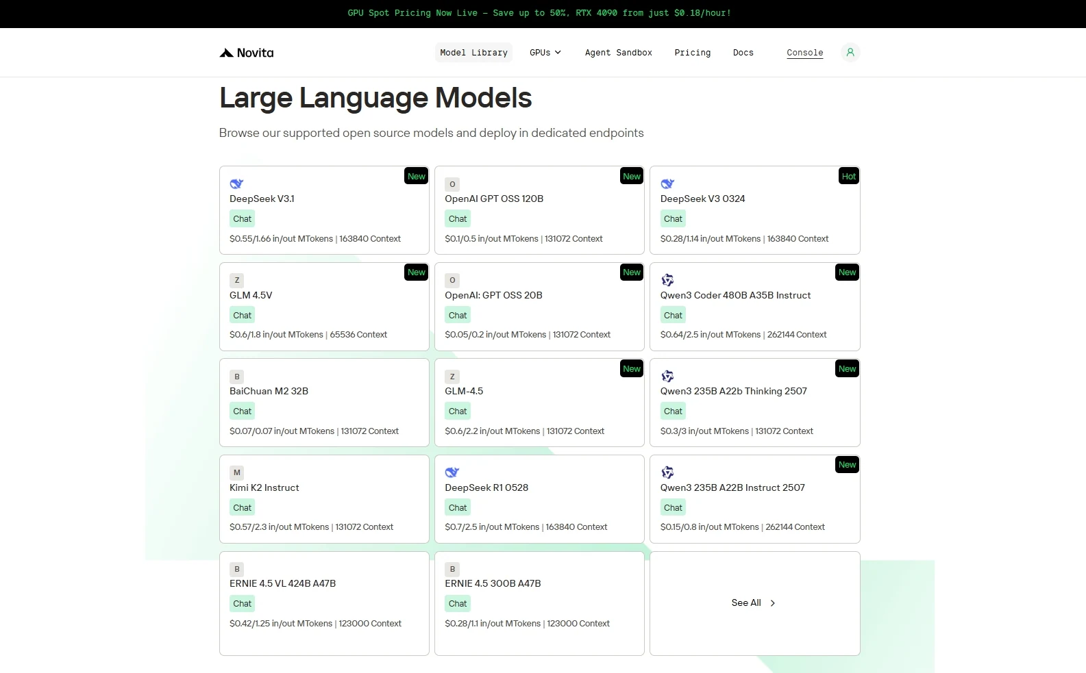Showing the LLM list on Novita AI