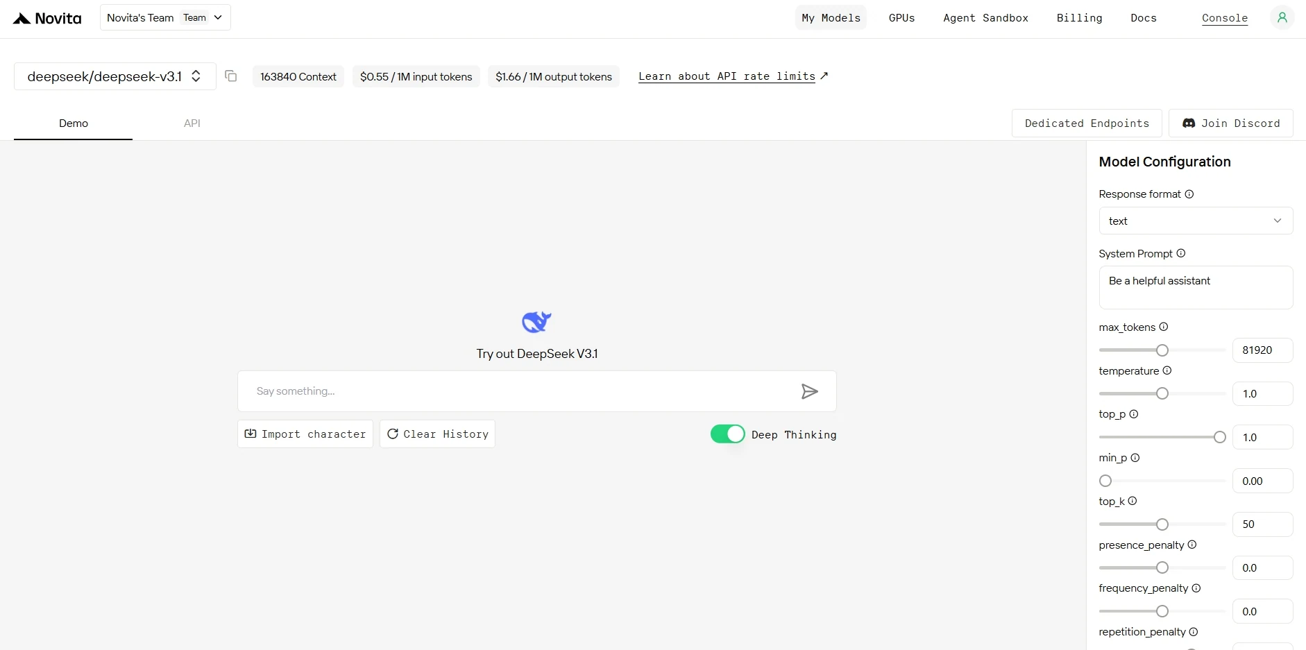 Showing the DeepSeek V3.1 Playground on Novita API