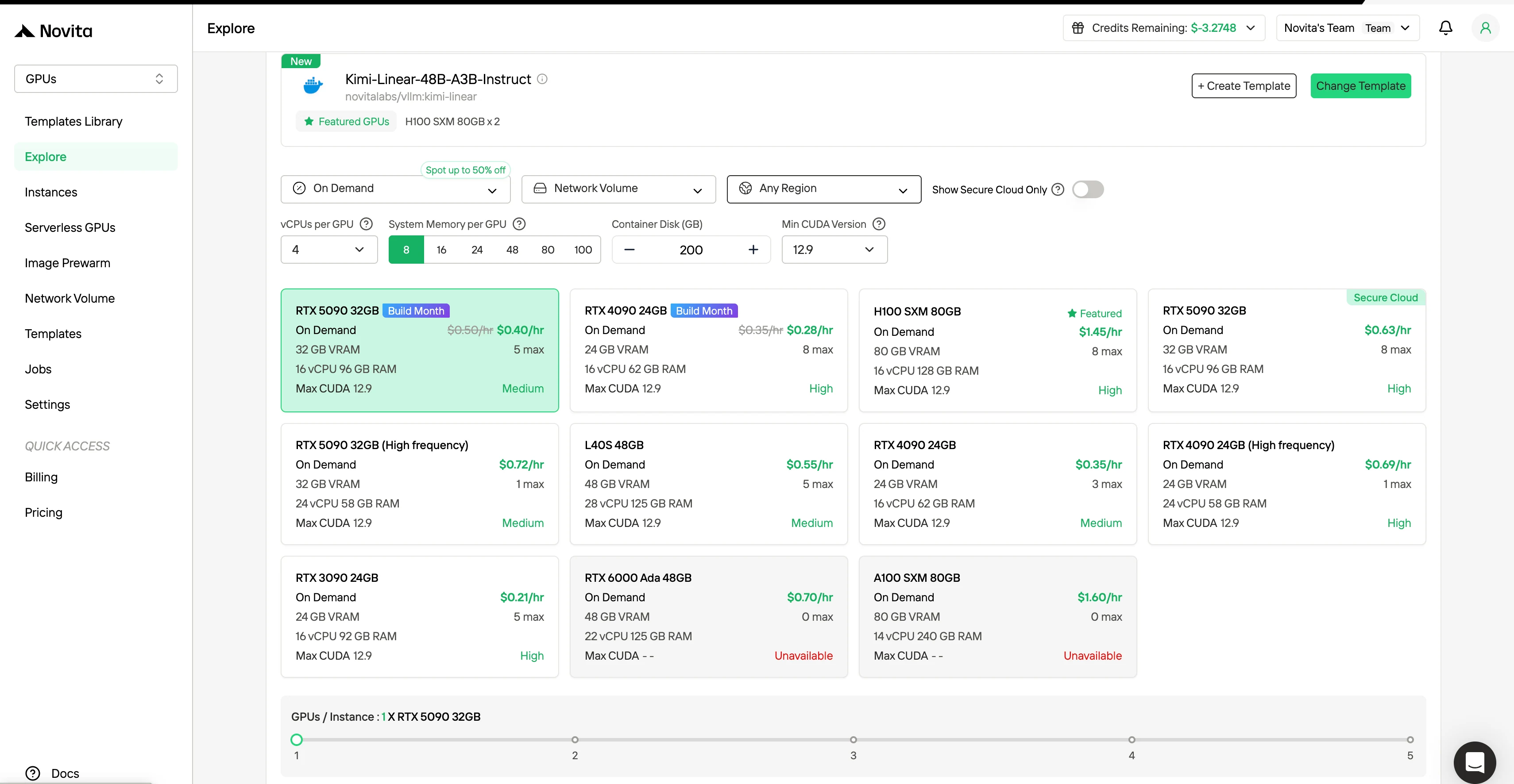 프로젝트 요구 사항에 맞는 PyTorch, TensorFlow 또는 CUDA와 같은 템플릿을 선택하세요. 그런 다음 원하는 GPU 구성을 선택하세요. 옵션에는 강력한 L40S, RTX 4090 또는 A100 SXM4가 포함되며, 각각 다른 VRAM, RAM 및 저장소 사양을 제공합니다