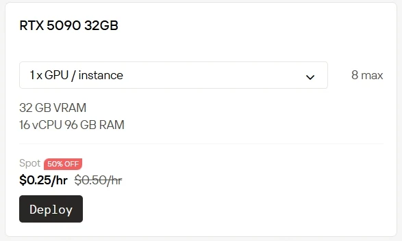 Novita AI 上 RTX 5090 的 Spot 價格