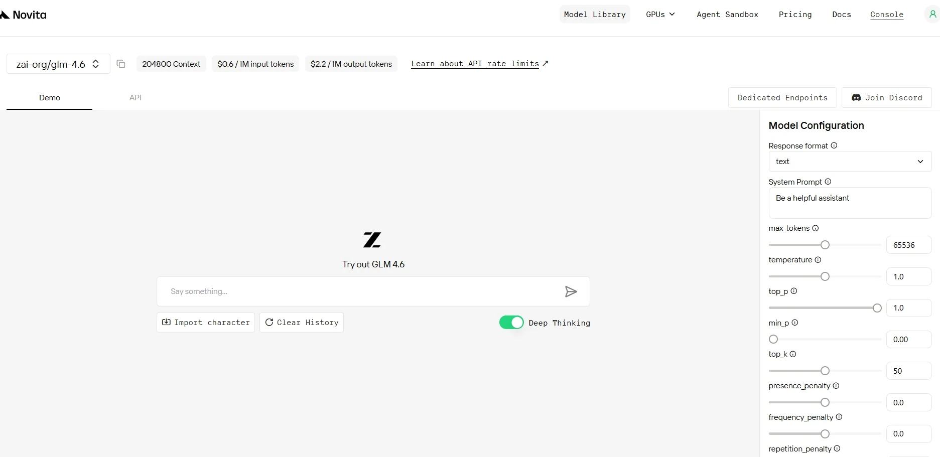 GLM 4.6 Playground auf Novita AI