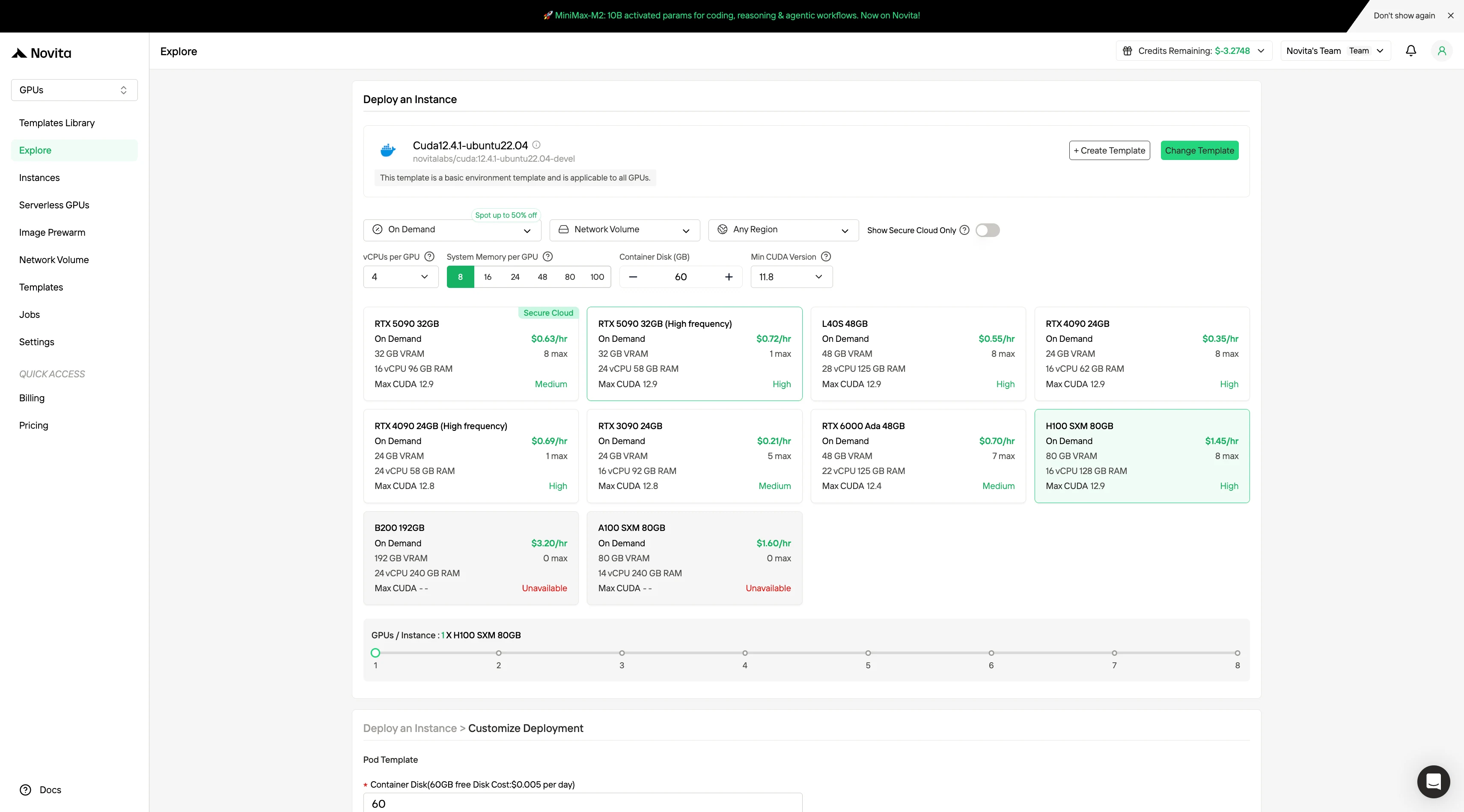 프로젝트 요구 사항에 맞는 PyTorch, TensorFlow 또는 CUDA와 같은 템플릿을 선택하세요. 그런 다음 원하는 GPU 구성을 선택하세요. 옵션에는 강력한 L40S, RTX 4090 또는 A100 SXM4가 있으며, 각각 다른 VRAM, RAM 및 스토리지 사양을 제공합니다.