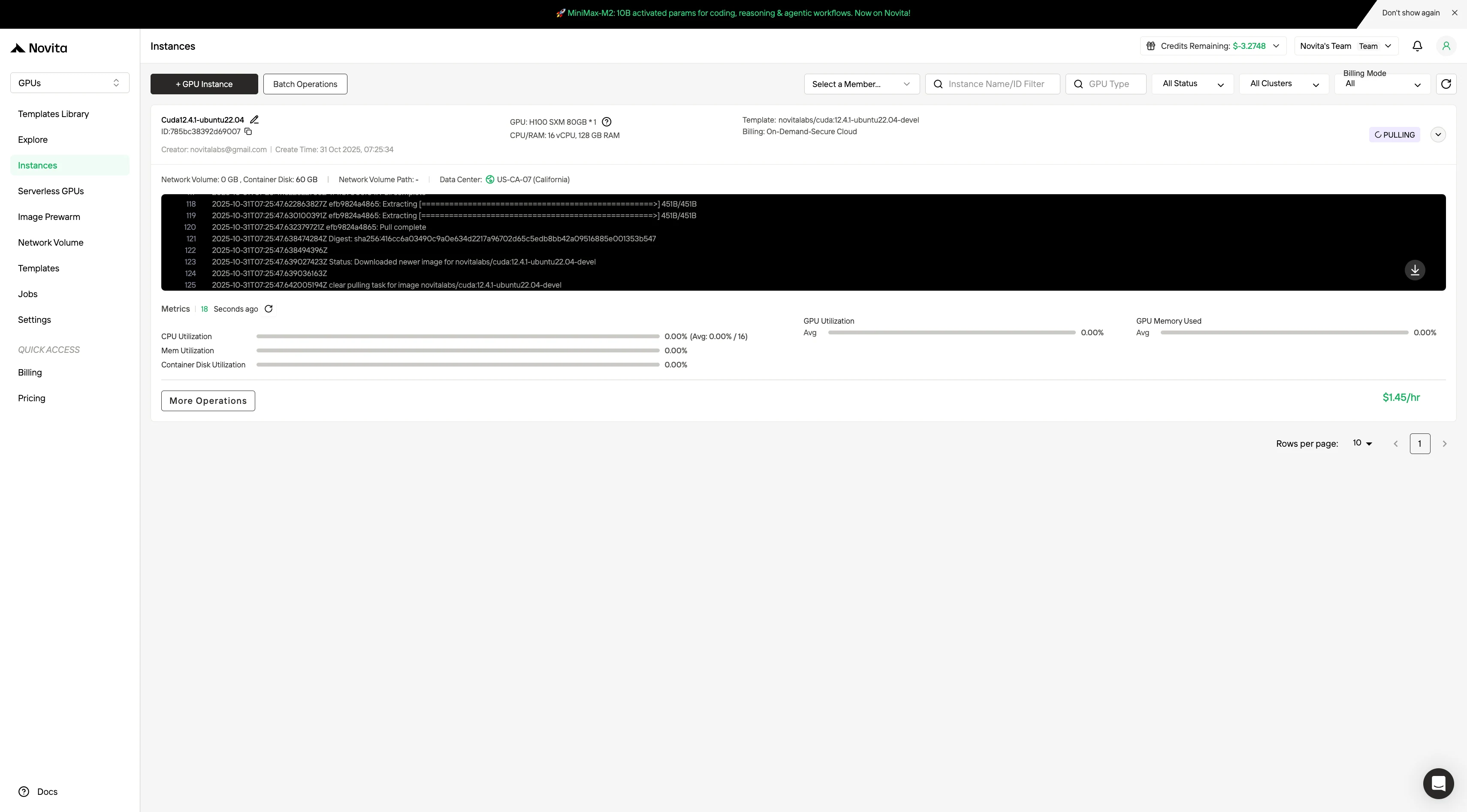 "Launch Instance"를 선택하여 배포를 시작하세요. 고성능 GPU 환경이 몇 분 안에 준비되어 머신 러닝, 렌더링 또는 컴퓨팅 프로젝트를 즉시 시작할 수 있습니다.