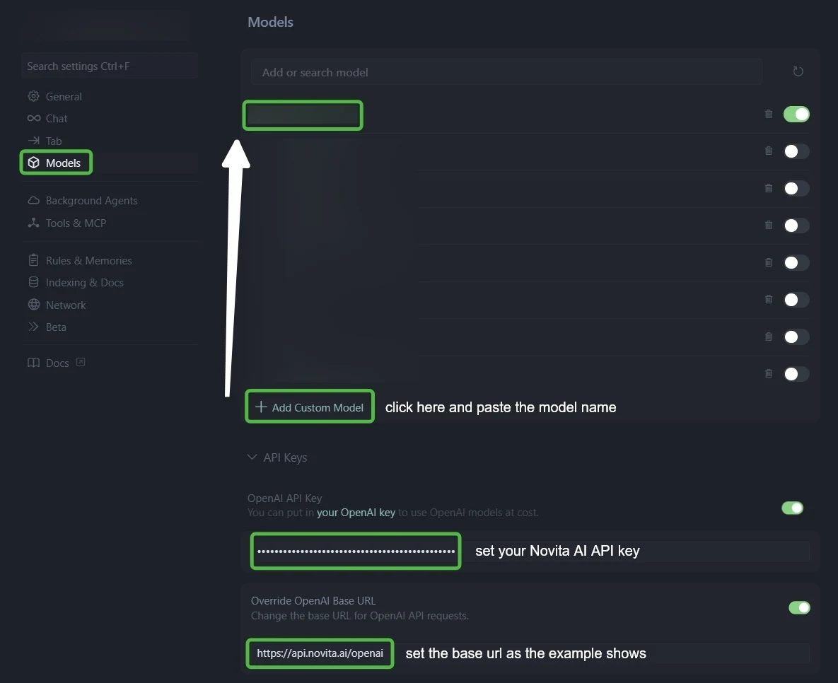 how to use KAT Coder in cursor via Novita AI API