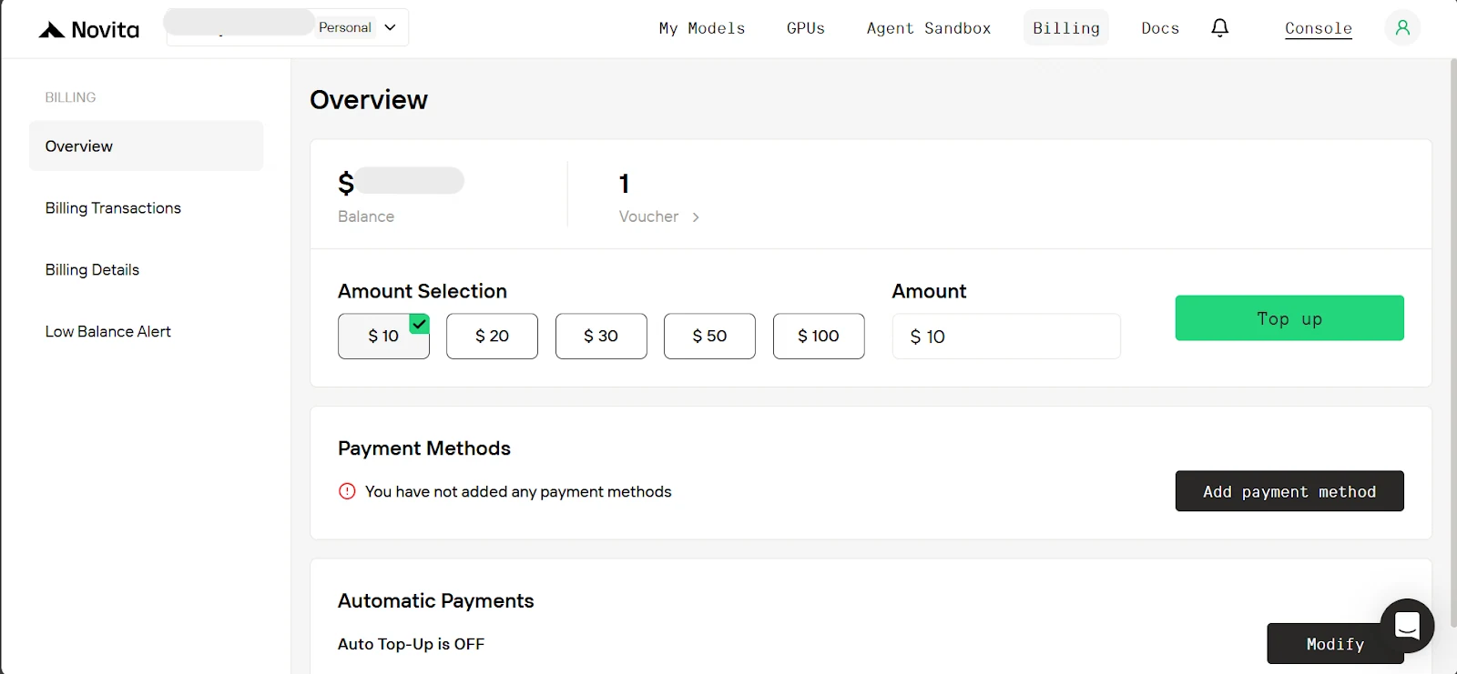 top up page on Novita AI