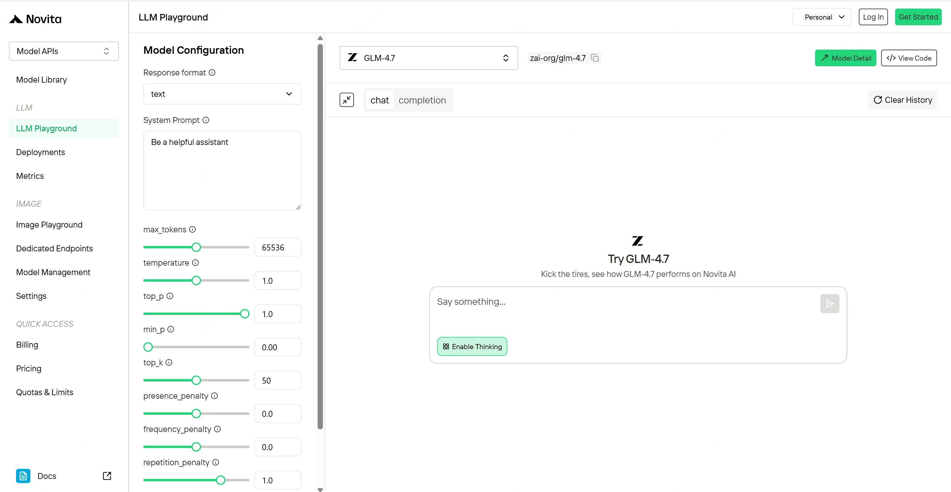 Novita AI LLM Playground with GLM-4.7 selected, showing model configuration settings (max_tokens, temperature, top_p) and a chat input with “Enable Thinking