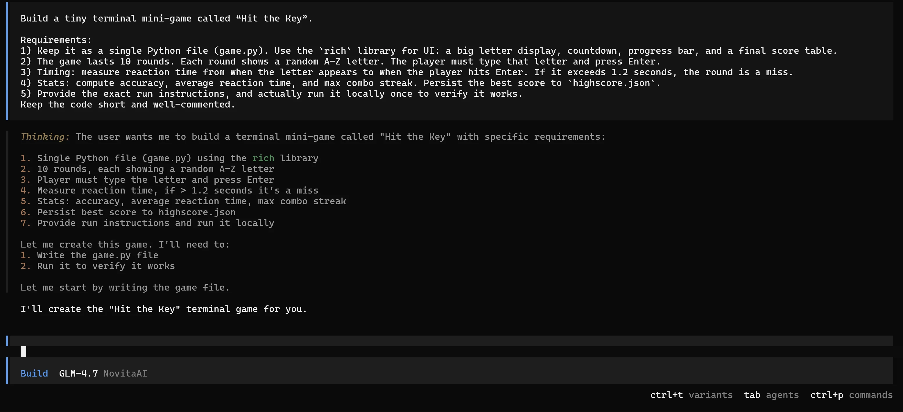 Prompt de Build do OpenCode para o minijogo de terminal Python "Hit the Key", exigindo um único arquivo game.py, interface com rich, 10 rodadas, limite de tempo de reação de 1,2s e persistência em highscore.json.