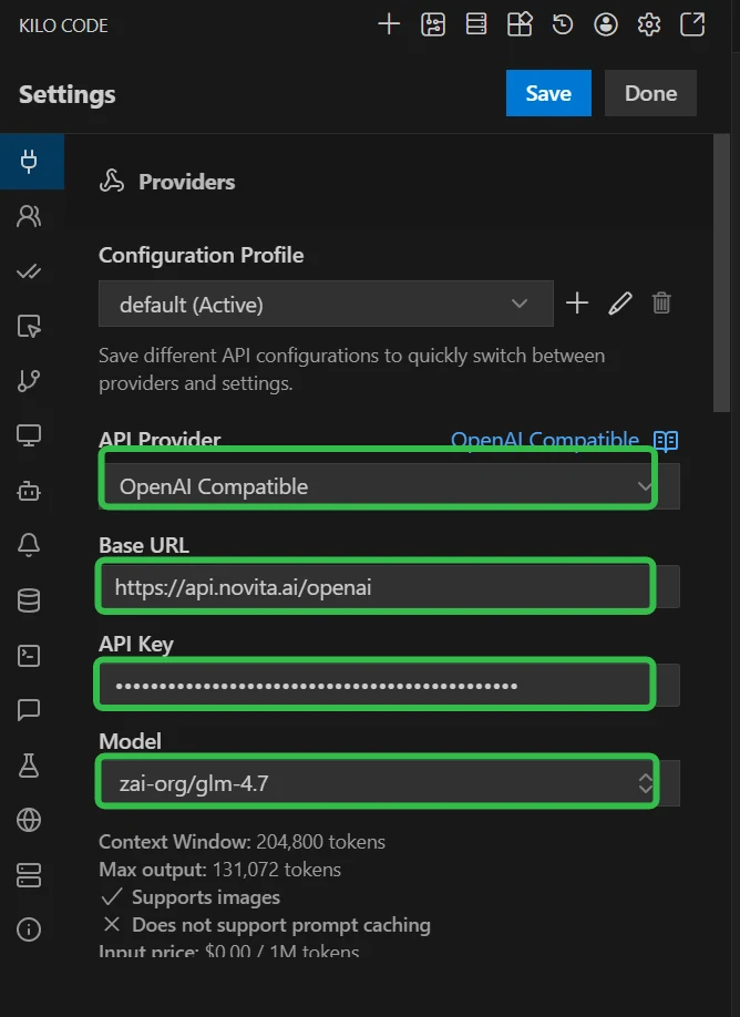 Configuración de Kilo Code usando la API LLM de Novita AI