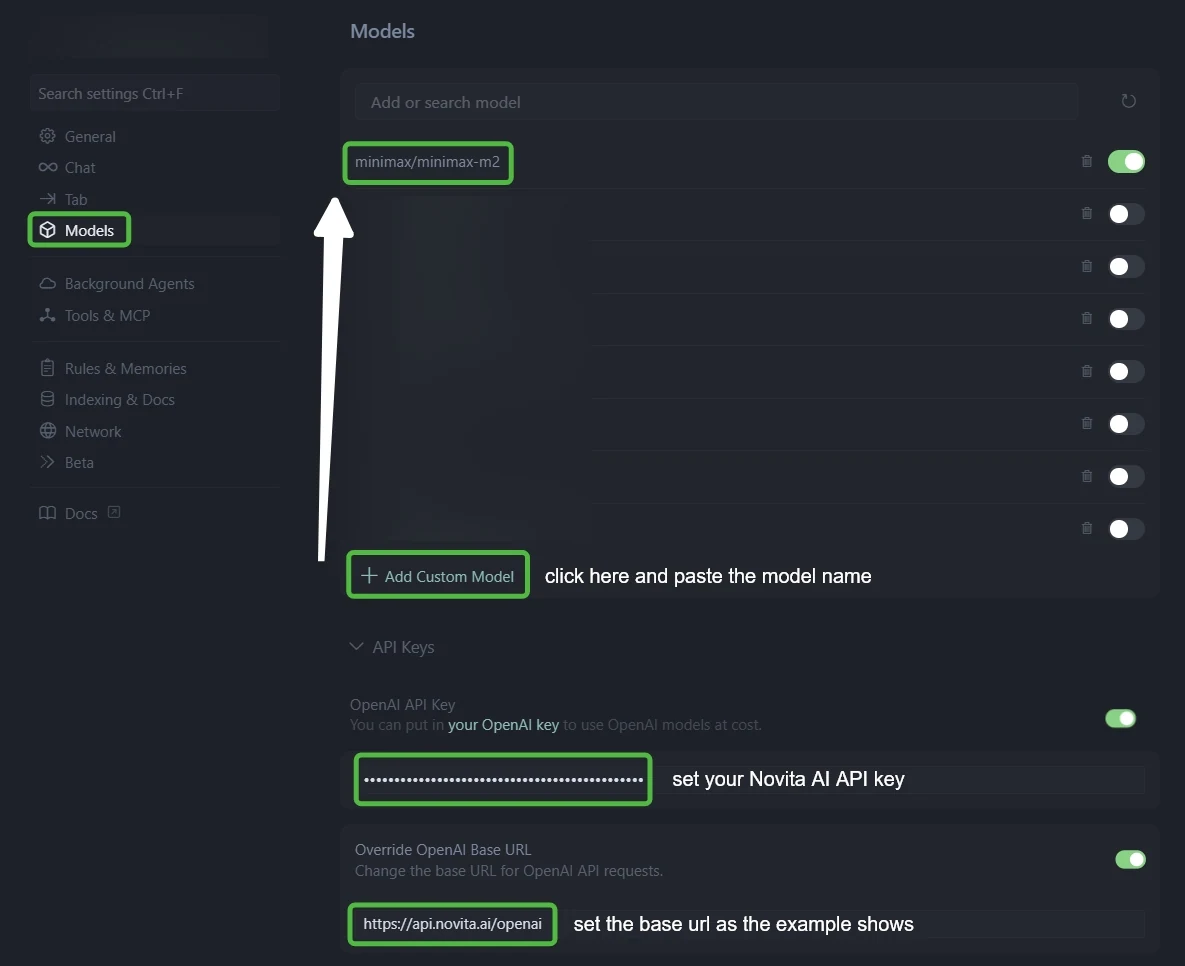 En Cursor, abre Configuración, selecciona Modelos en el menú izquierdo y localiza Configuración de API.