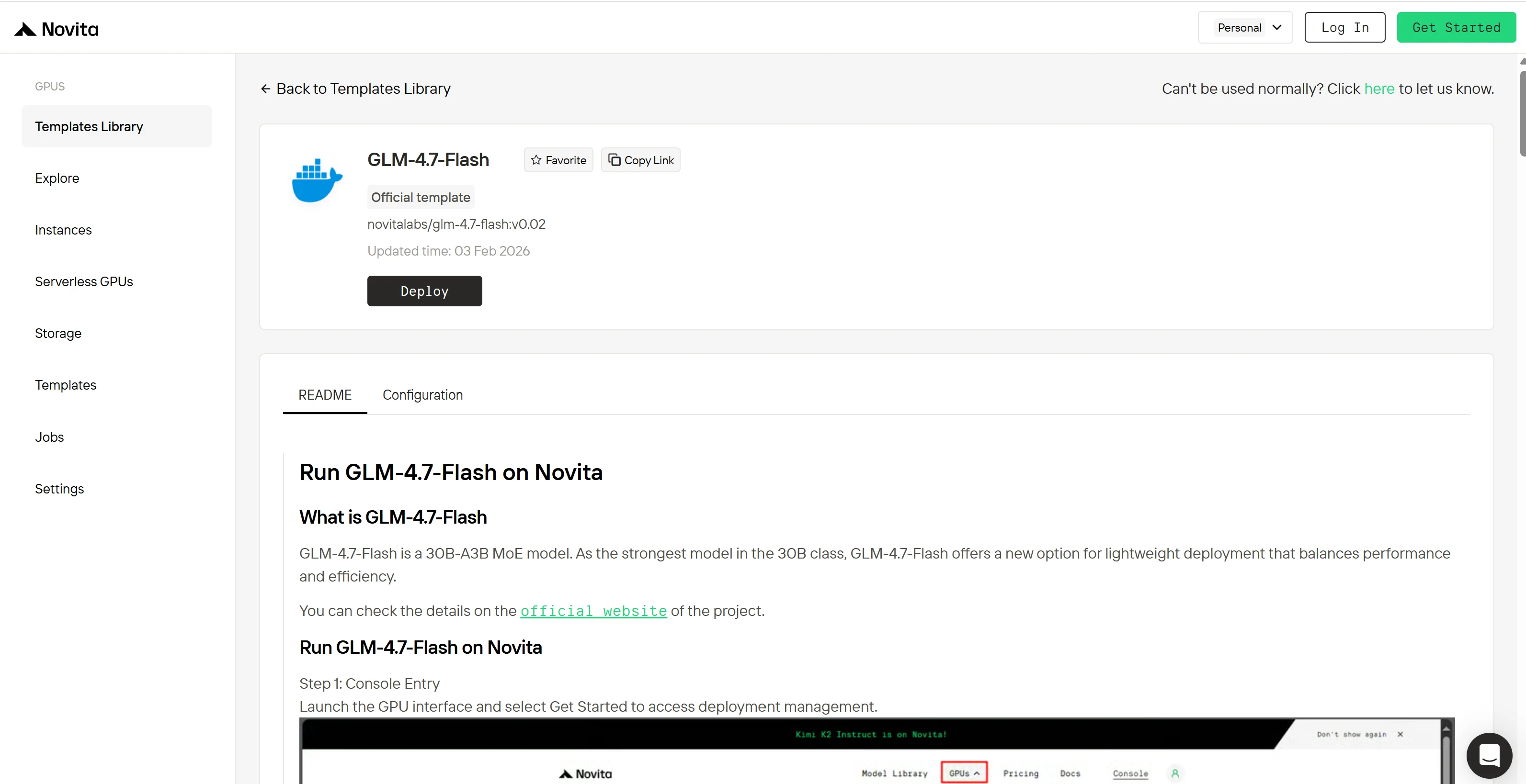 Novita의 GLM-4.7-Flash 템플릿: 사용자는 자체 GPU 하드웨어, 드라이버 및 CUDA 스택을 유지 관리하는 번거로움 없이 로컬에 배포할 수 있습니다.