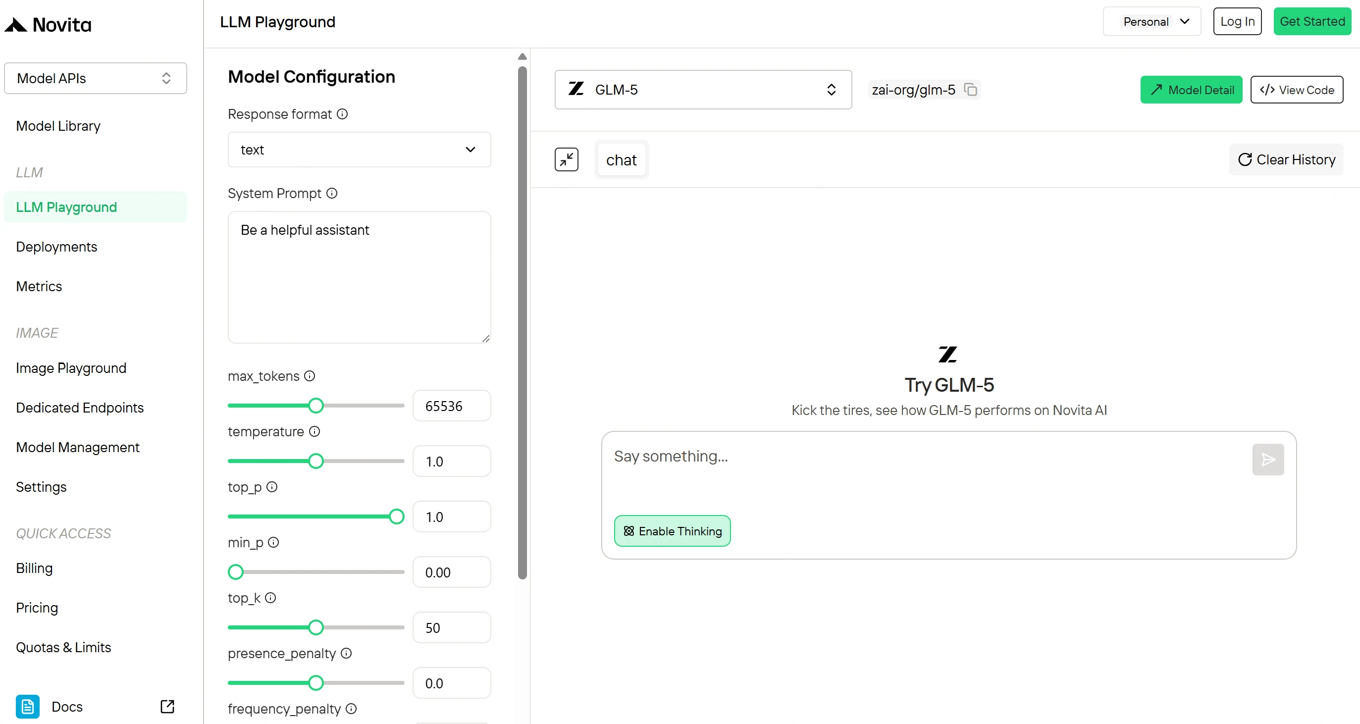 Playground da Novita: você pode testar o GLM-5 sem código e configuração