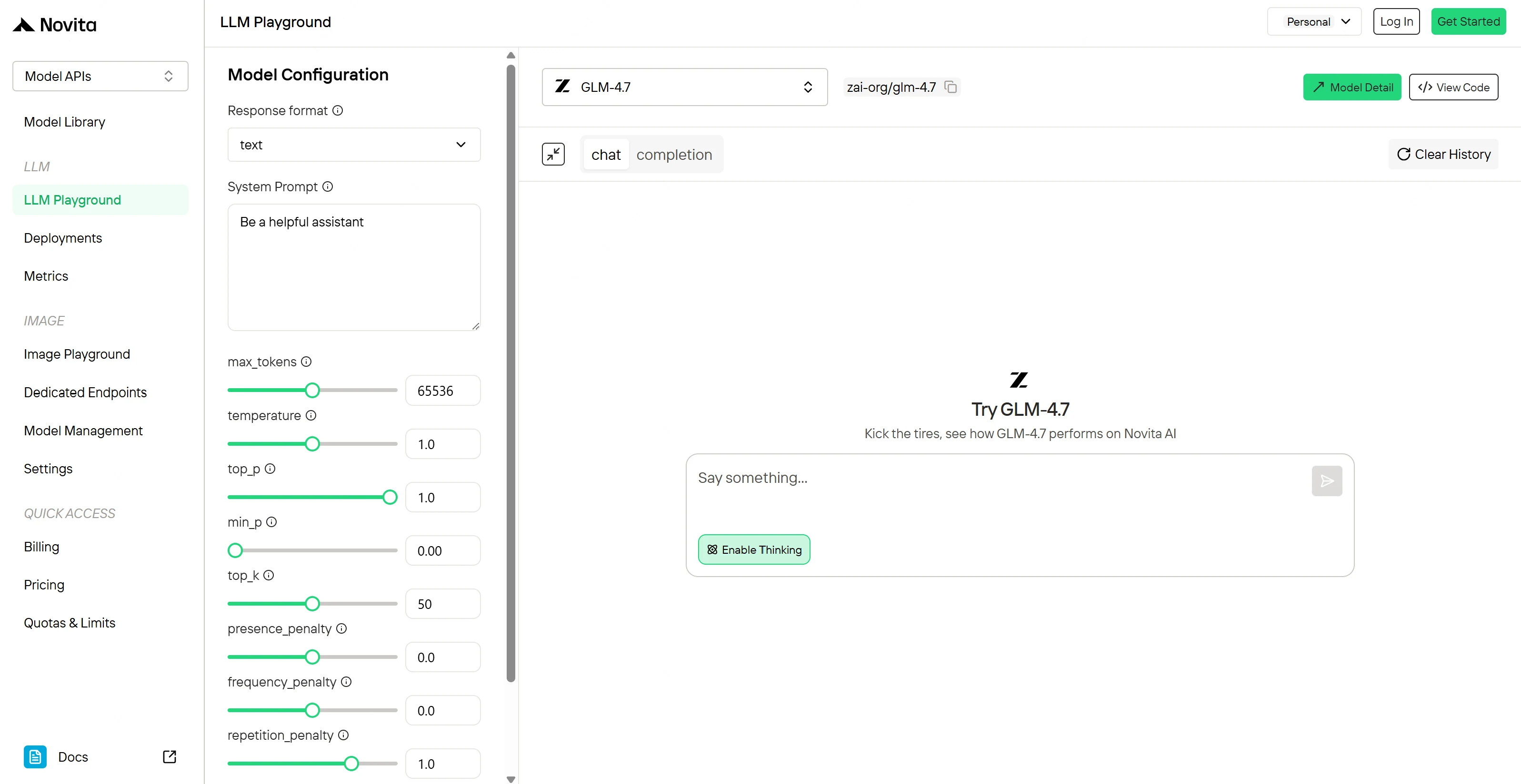 Playground da Novita AI: você pode experimentar diferentes modelos de IA aqui de forma fácil e rápida - sem configuração, sem código