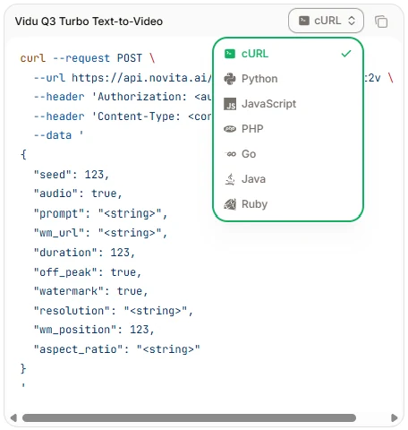 Novita AI also provides code examples in cURL, JavaScript, PHP, Go, Java, and Ruby. You can choose the one you want.