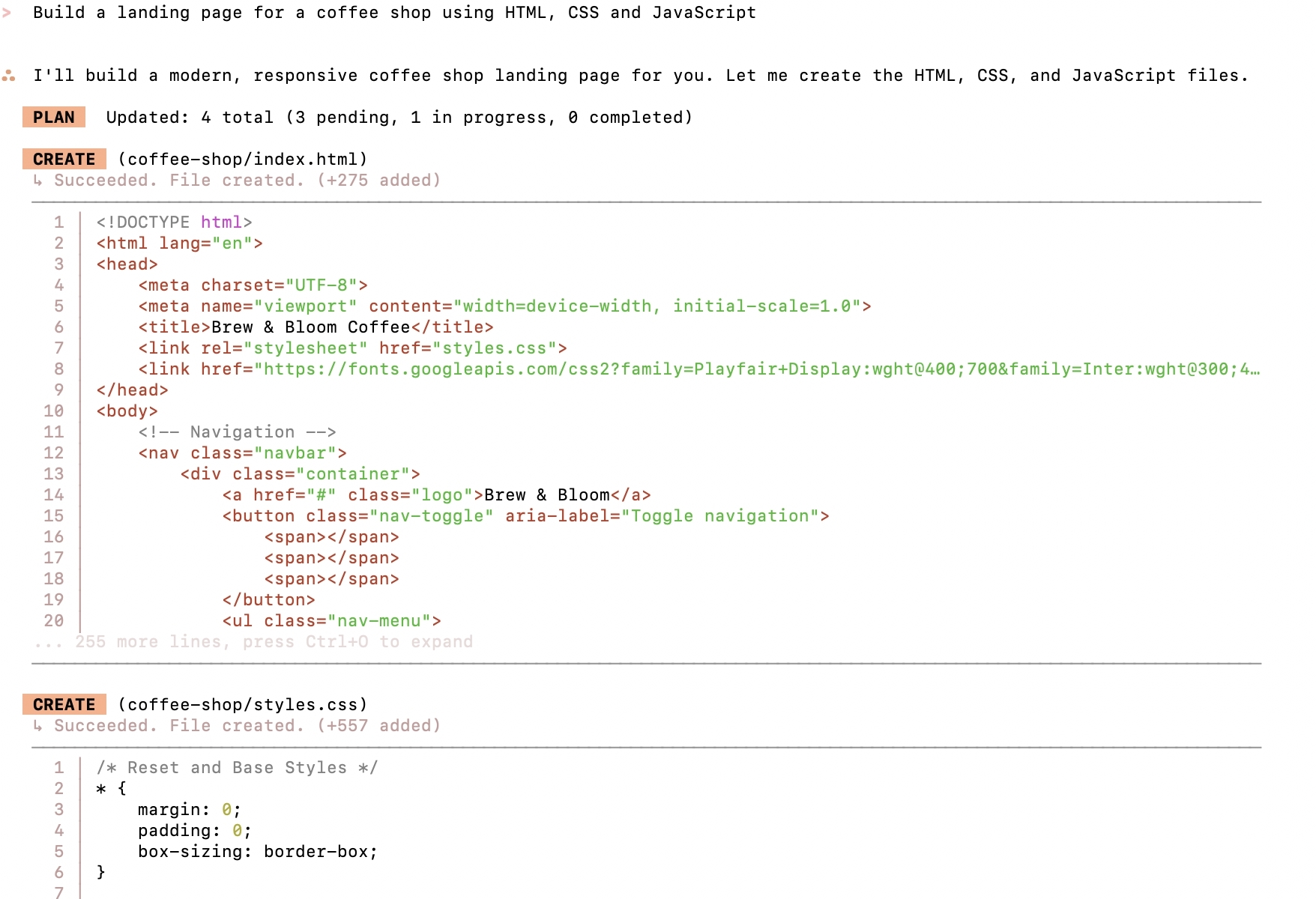 demonstração rápida: Droid (alimentado pelo Kimi K2.5 via Novita AI) construindo uma página de destino para uma cafeteria usando HTML, CSS e JavaScript