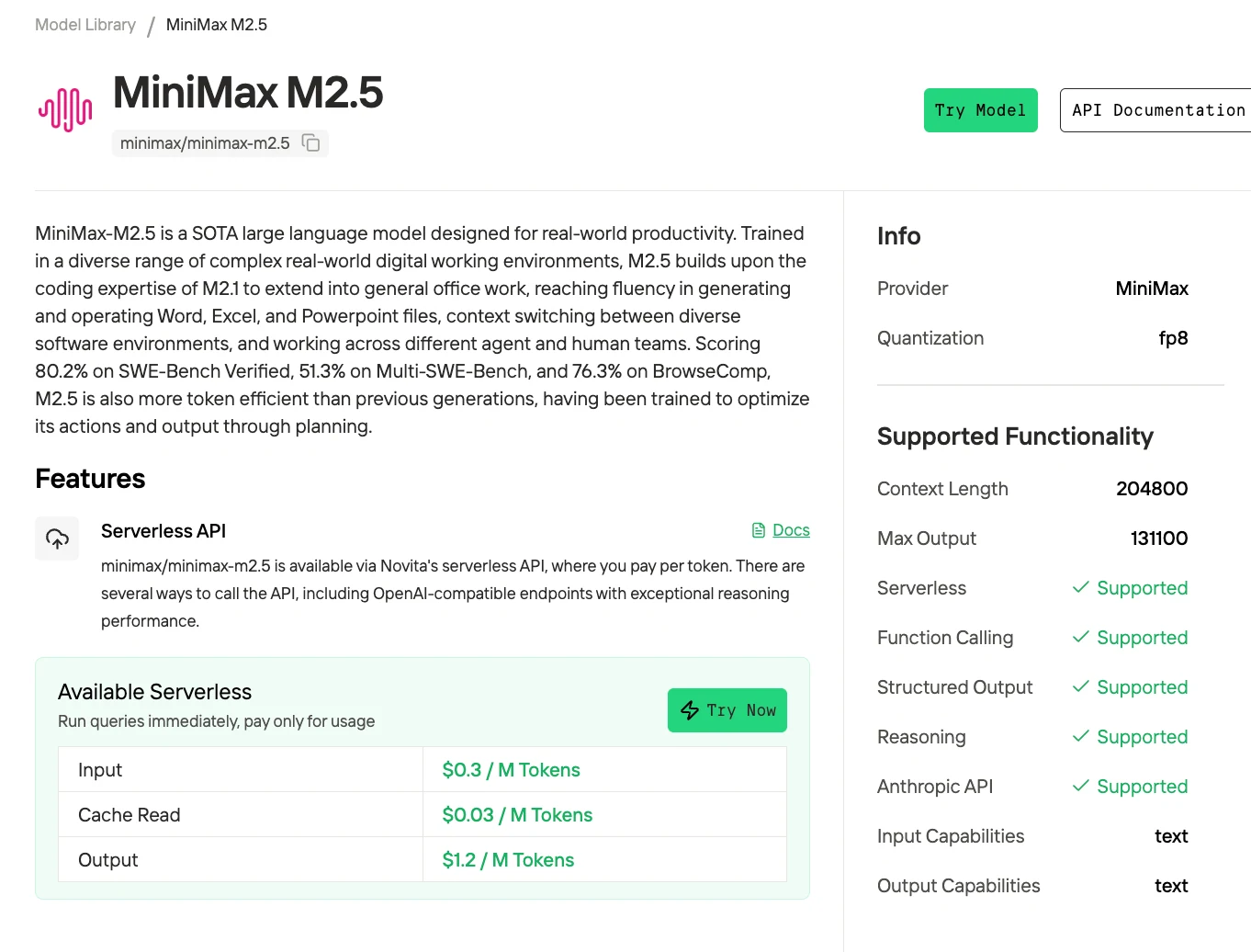 novita ai의 minimax m2.5 api