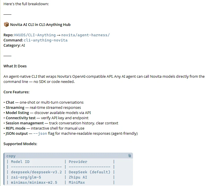OpenClaw Agent 顯示 Novita AI CLI 的介紹與可用指令