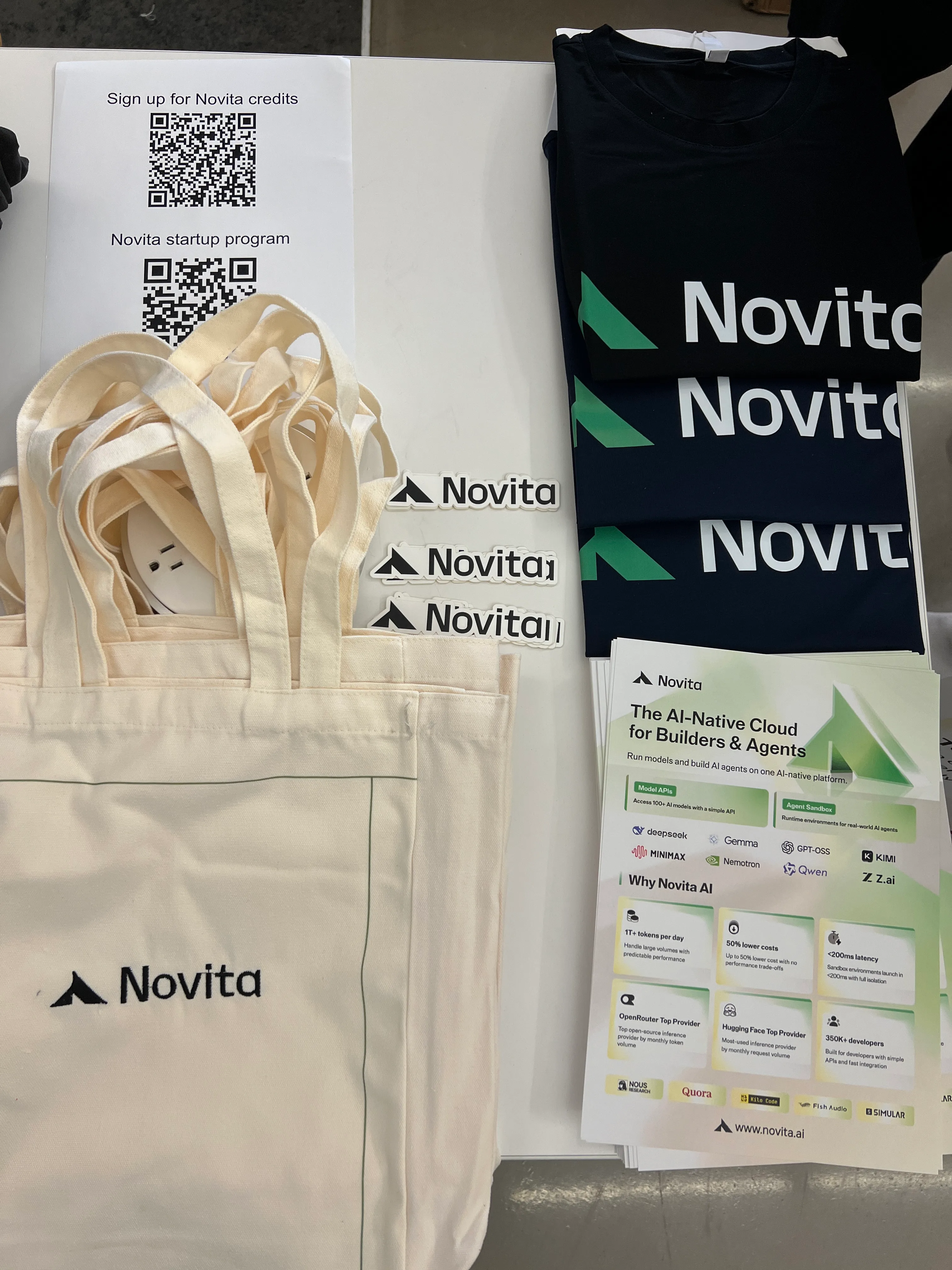 Novita AI credits, startup program materials, and booth handouts at the summit