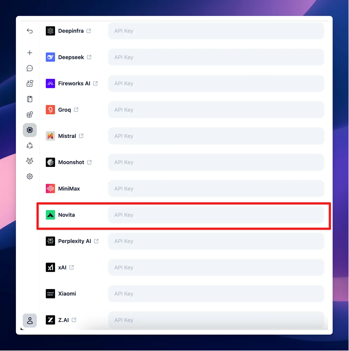 The API keys tab in TypingMind's Models settings, with the Novita key field highlighted