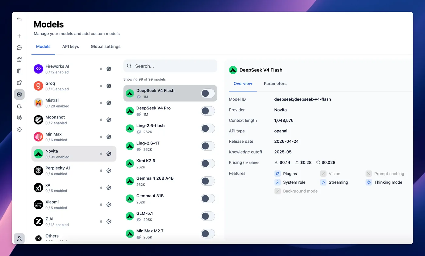 TypingMind's Novita provider open, showing its model list and a model's details